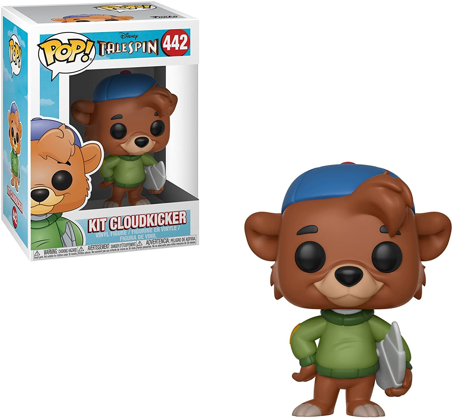 Figura Funko Pop di Kit Cloudkicker in scatola. La figura è un orso marrone con cappello blu e camicia verde.