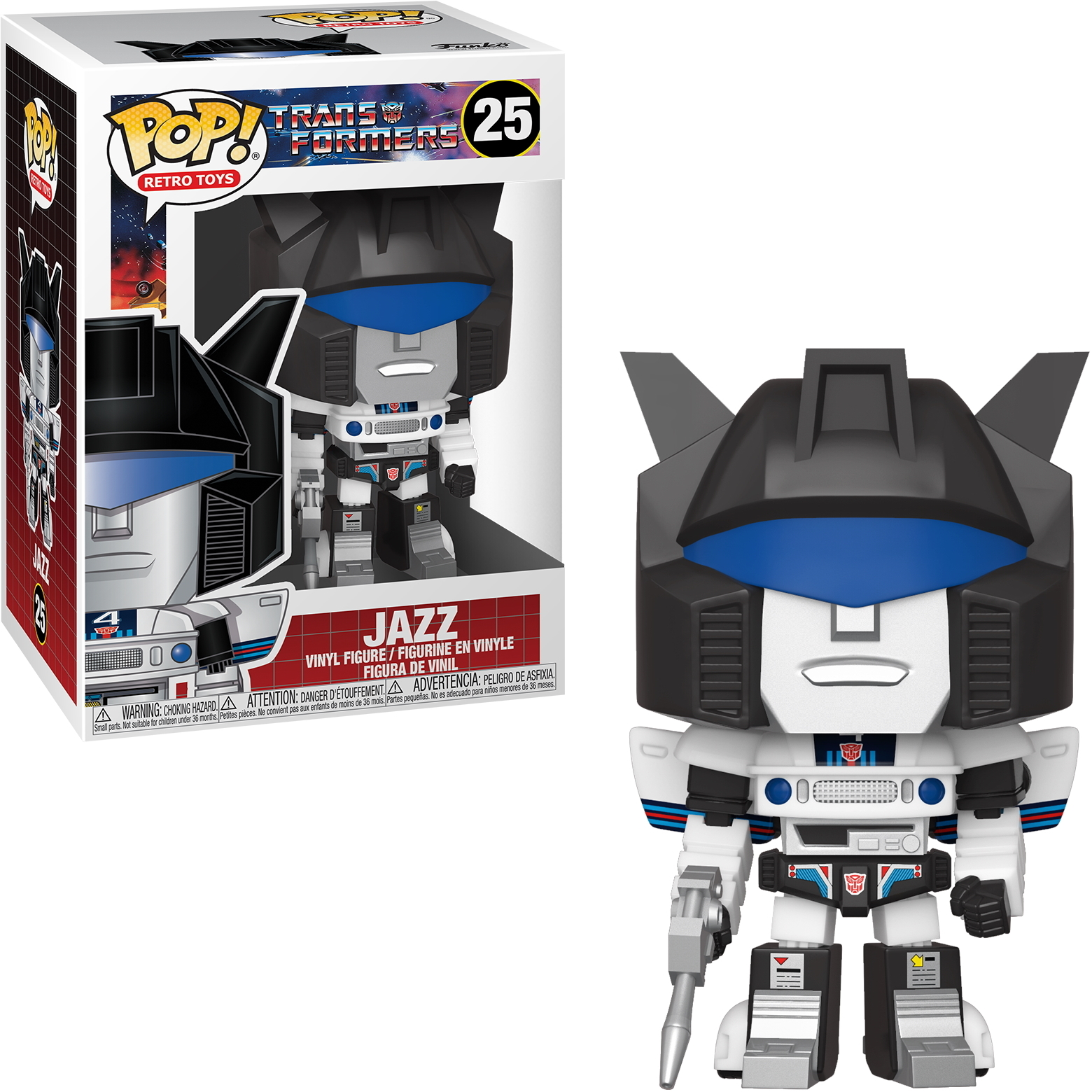 Eine Jazz Transformers Funko Pop Figur in einer Displaybox. Die Figur ist weiß, schwarz und blau.
