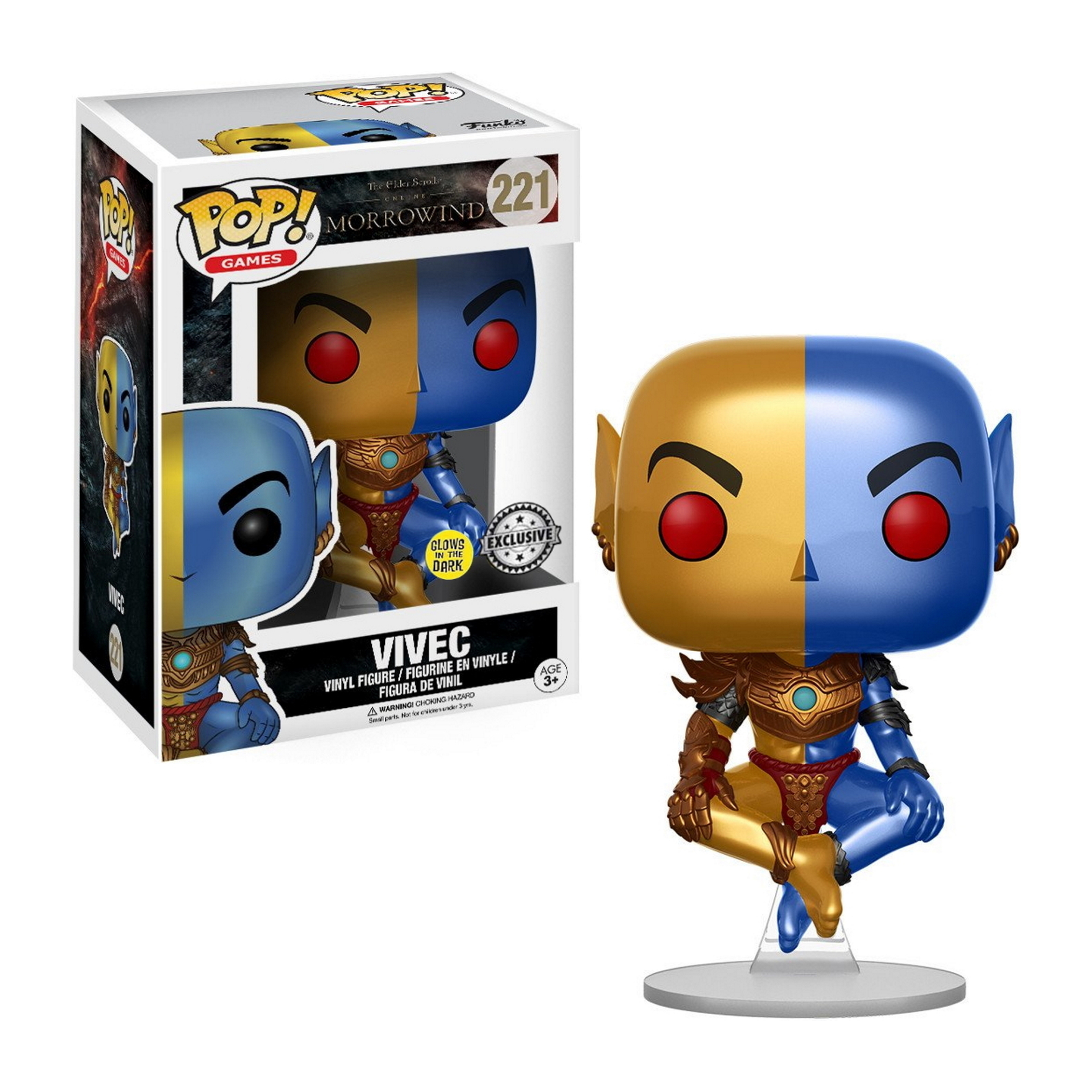 Vivec Funko Pop Figur aus Morrowind, mit geteiltem Gesicht: Gold und Blau, rote Augen.