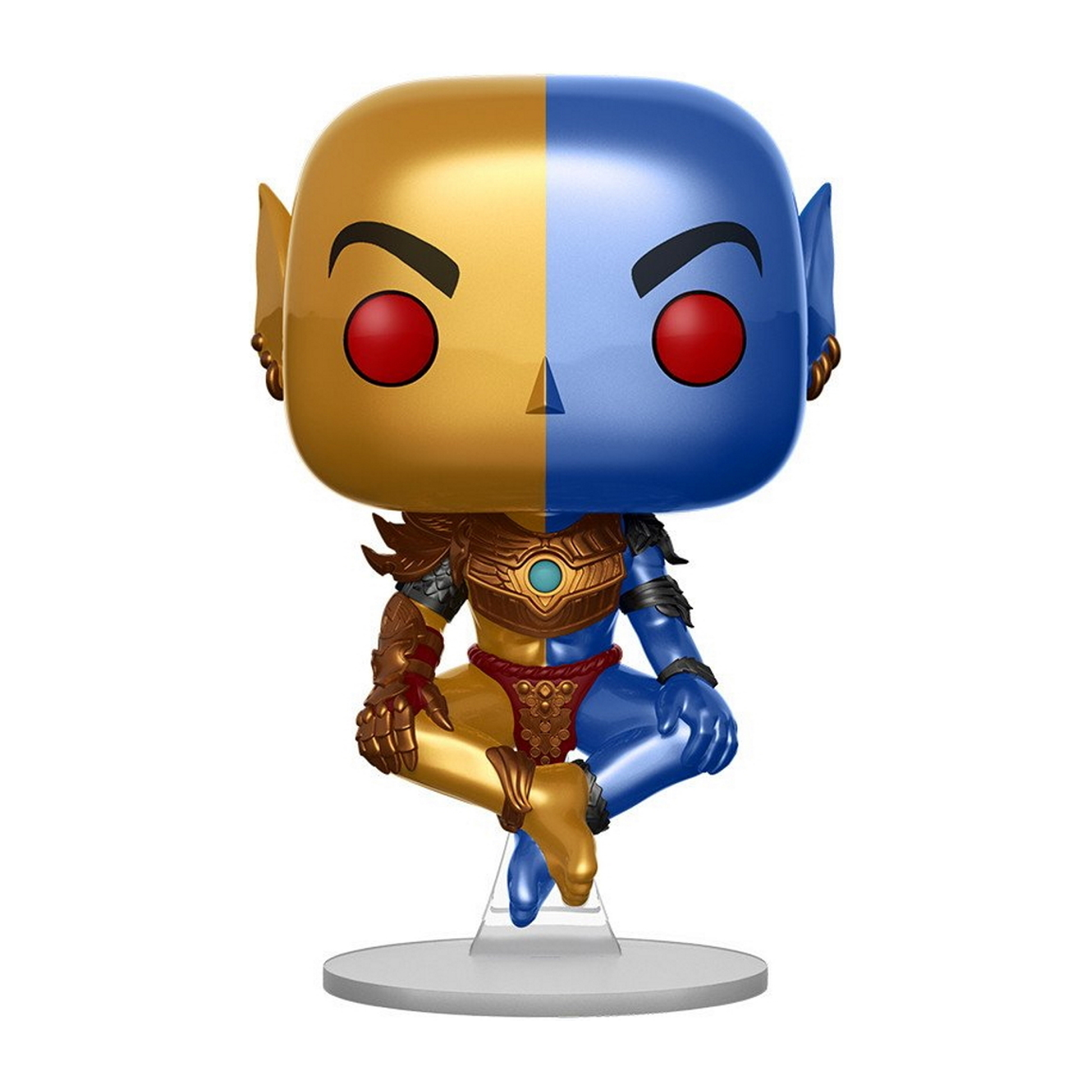 Funko Pop Figur: ein gold-blau gespaltener humanoider Kopf mit roten Augen, sitzt auf einem Ständer.