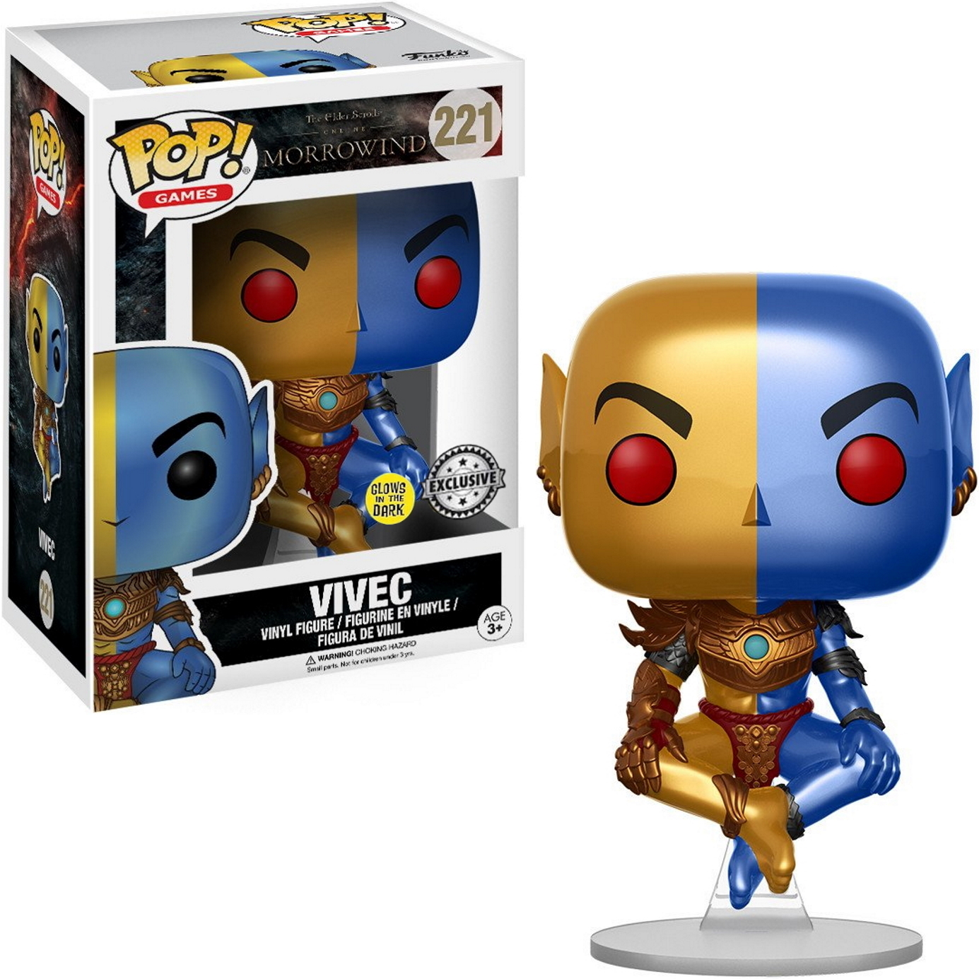 Funko Pop Figur von Vivec, einer Figur mit goldenem und blau geteiltem Gesicht. Mit Box angezeigt.