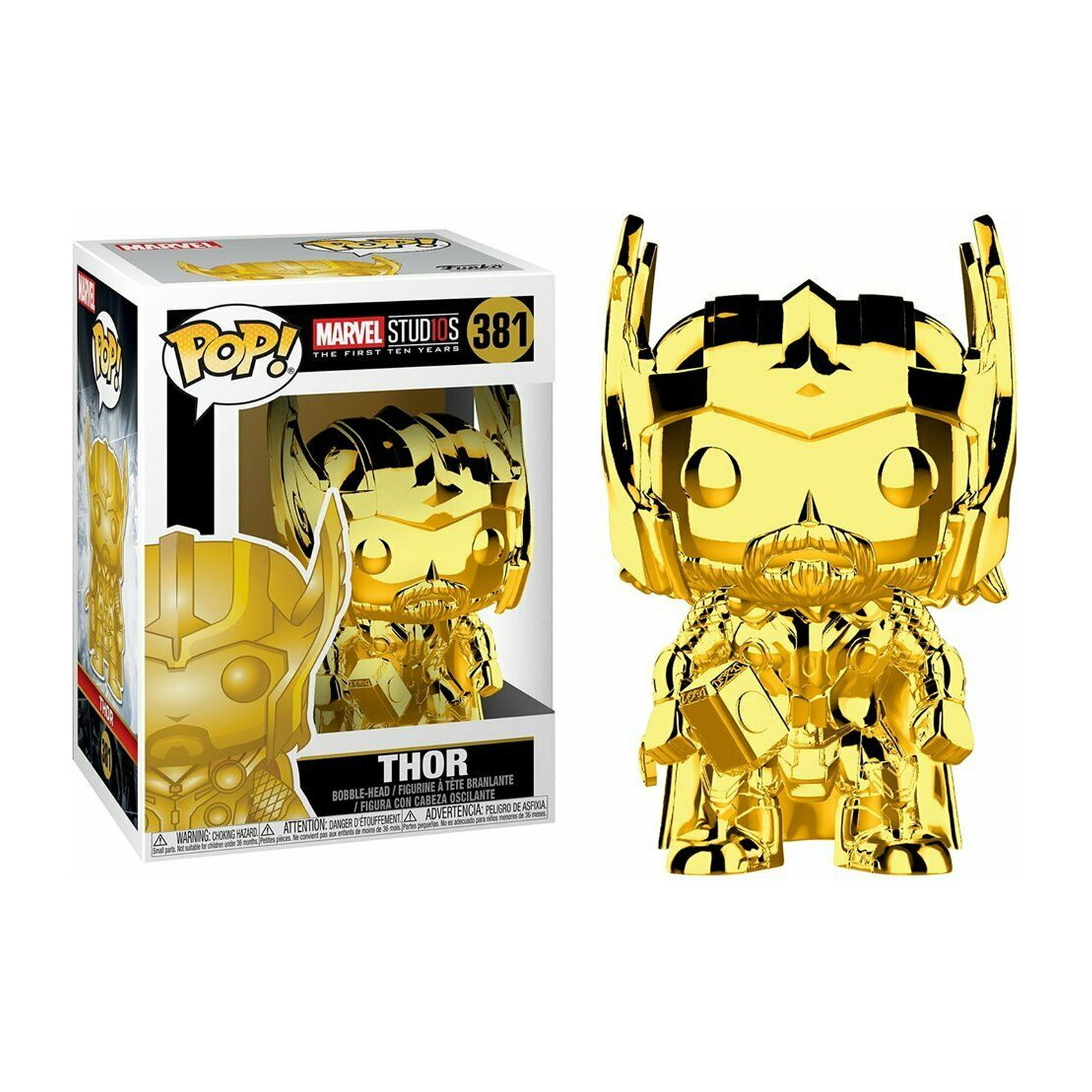Goldene Thor-Figur in heroischer Pose, mit einer Box im Hintergrund.
