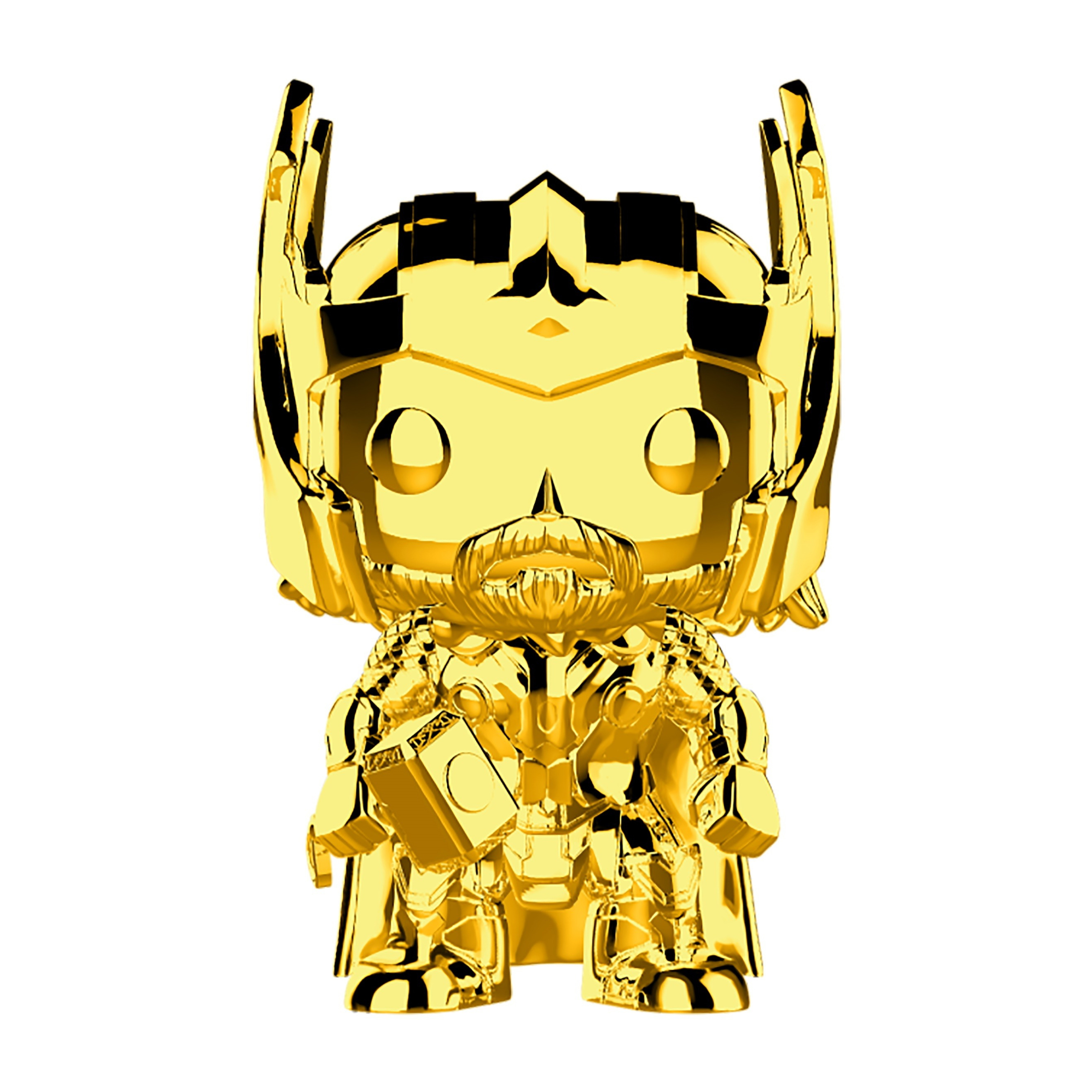 Eine goldfarbene Funko Pop Figur einer Figur mit Helm und Hammer.