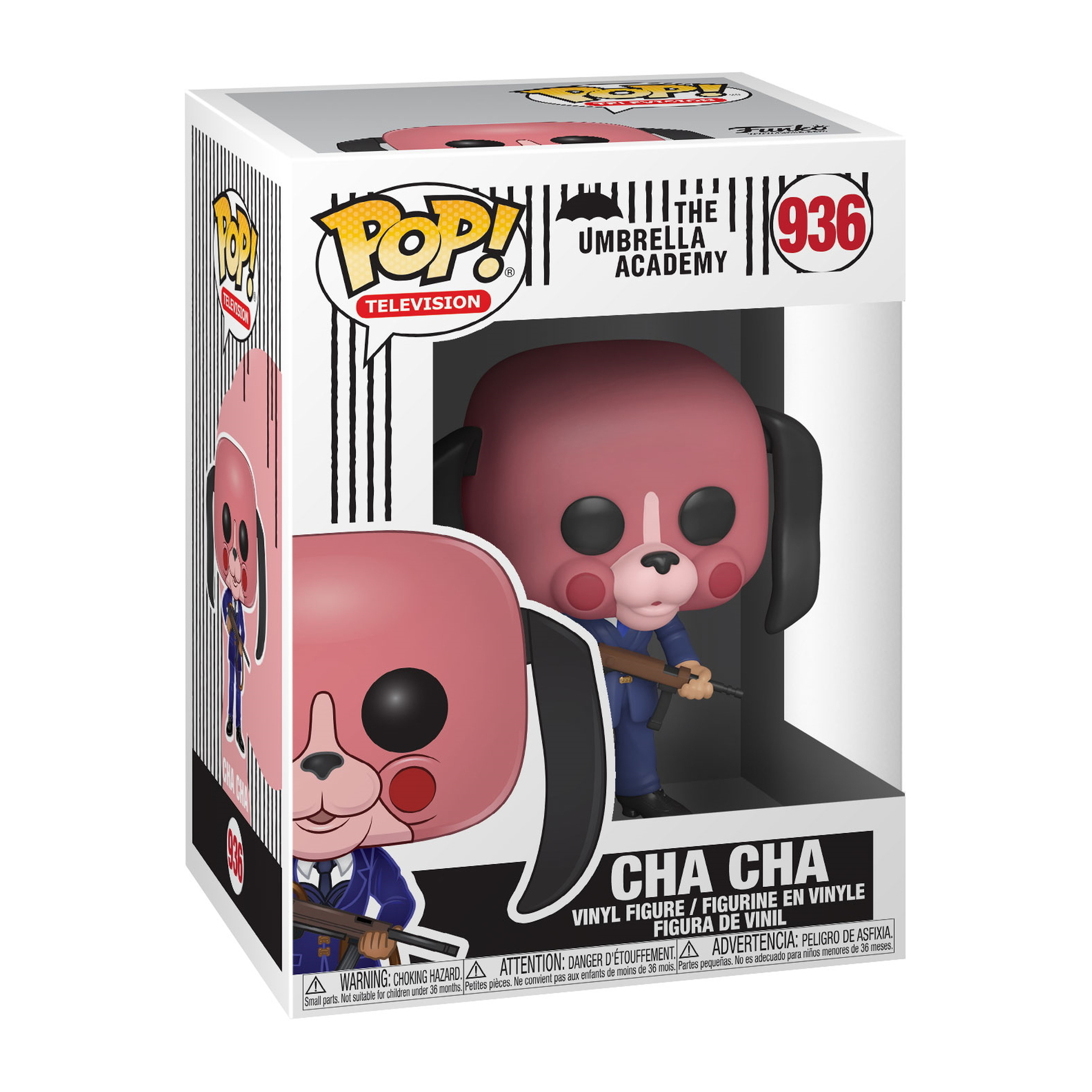 Figura Cha-Cha Funko Pop in scatola, con una pistola. La scatola ha il logo The Umbrella Academy.