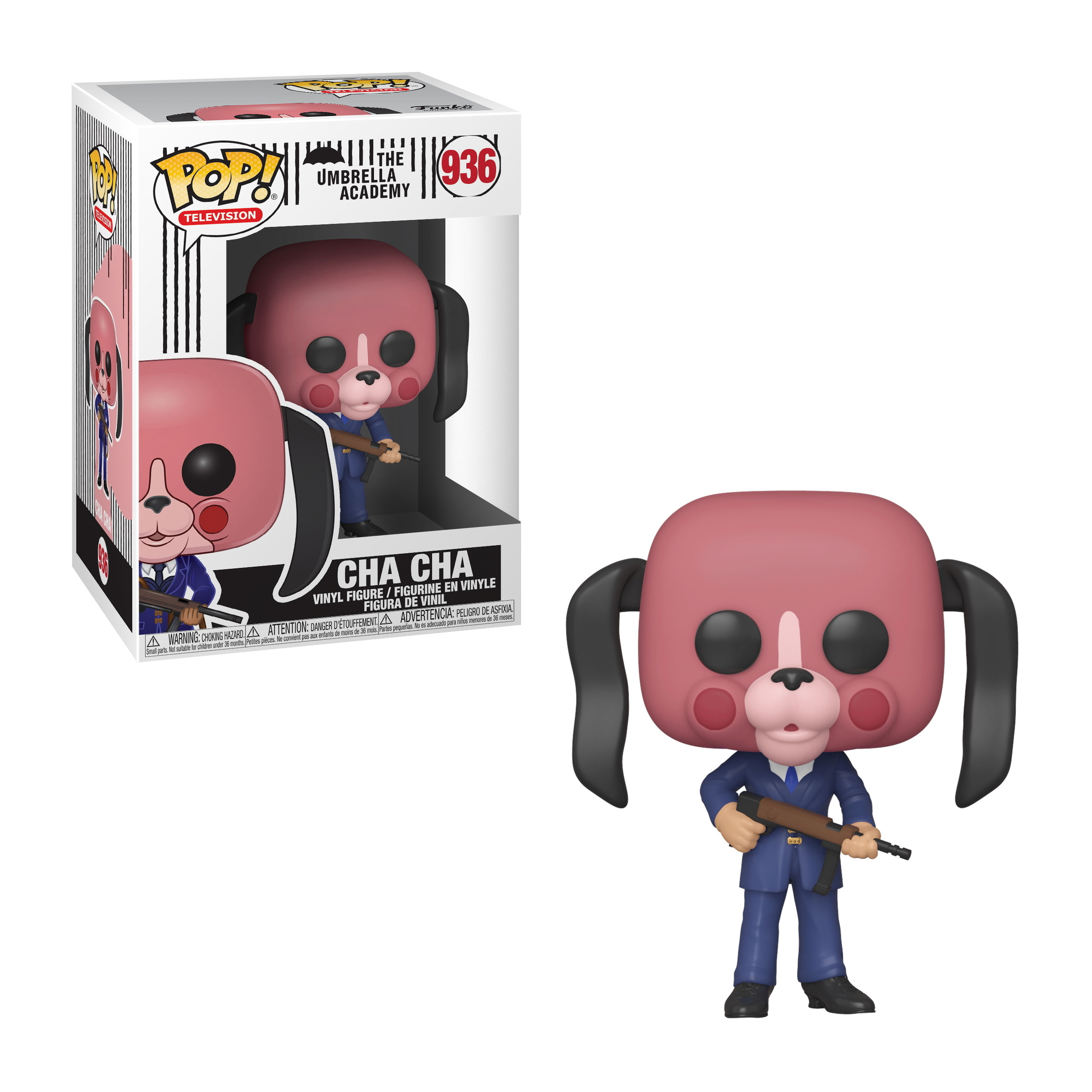 Figura di Cha-Cha da The Umbrella Academy. Cane rosa in abito blu, con pistola. Scatola.