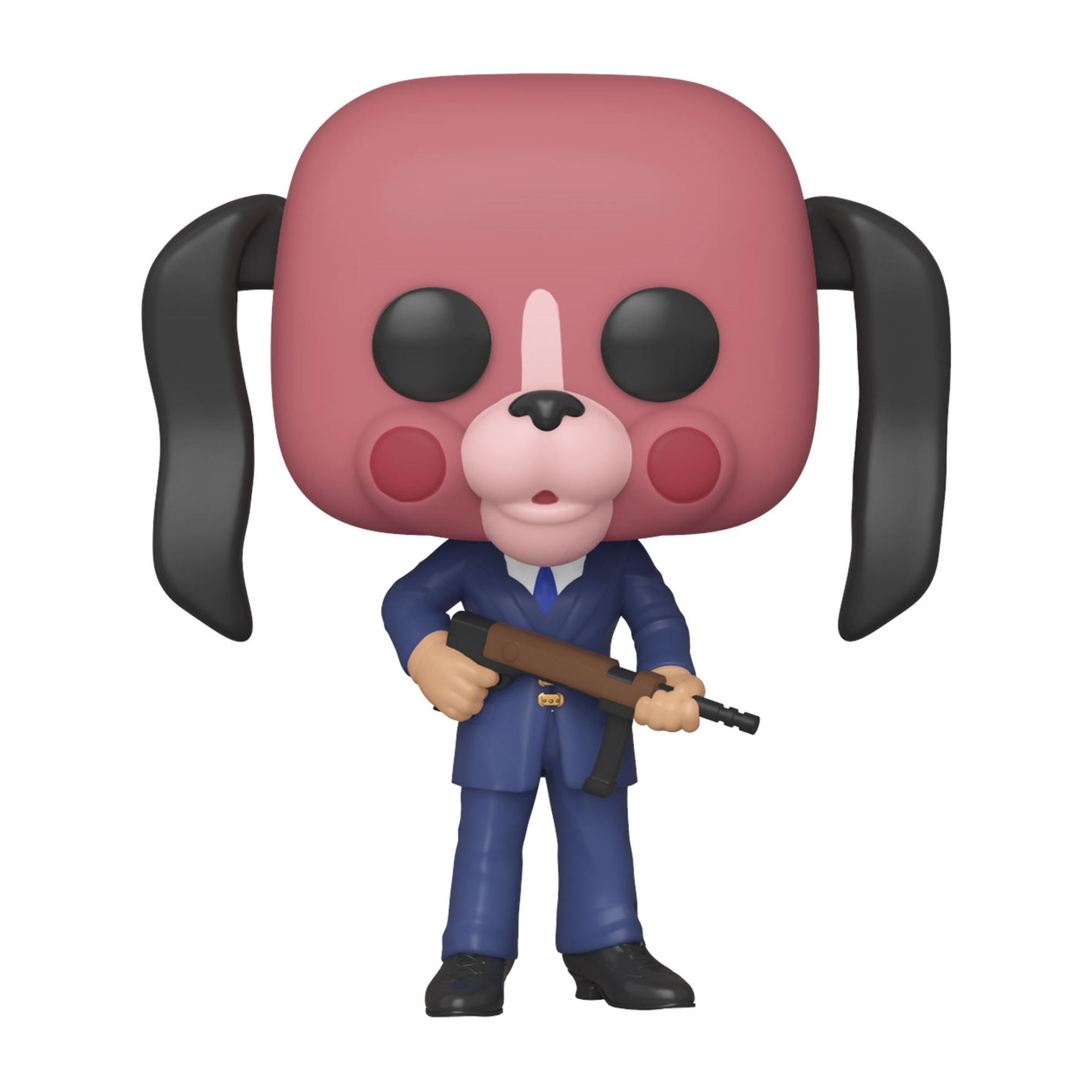 Una figura Funko Pop con faccia da cane rosa in abito, che tiene una pistola.
