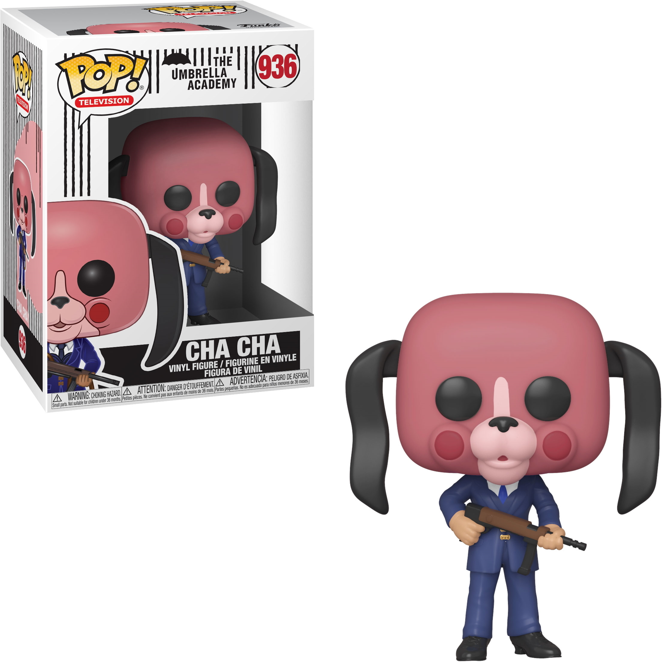 Cha-Cha di Umbrella Academy statuina, volto da cane, indossa un abito, tiene una pistola, con scatola.
