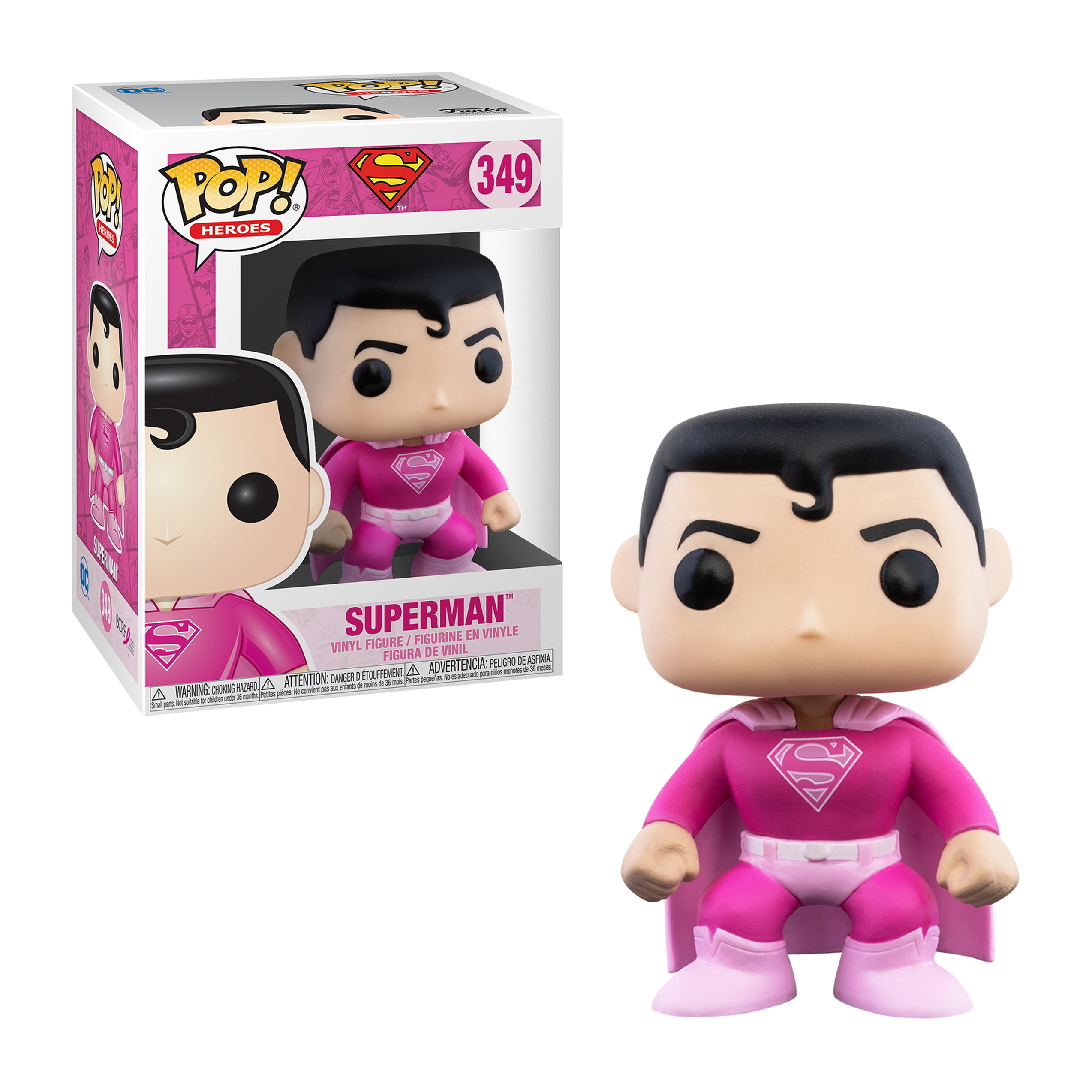 Superman Funko Pop. Rosa Anzug, rosa Umhang, schwarzes Haar, lächelnd.