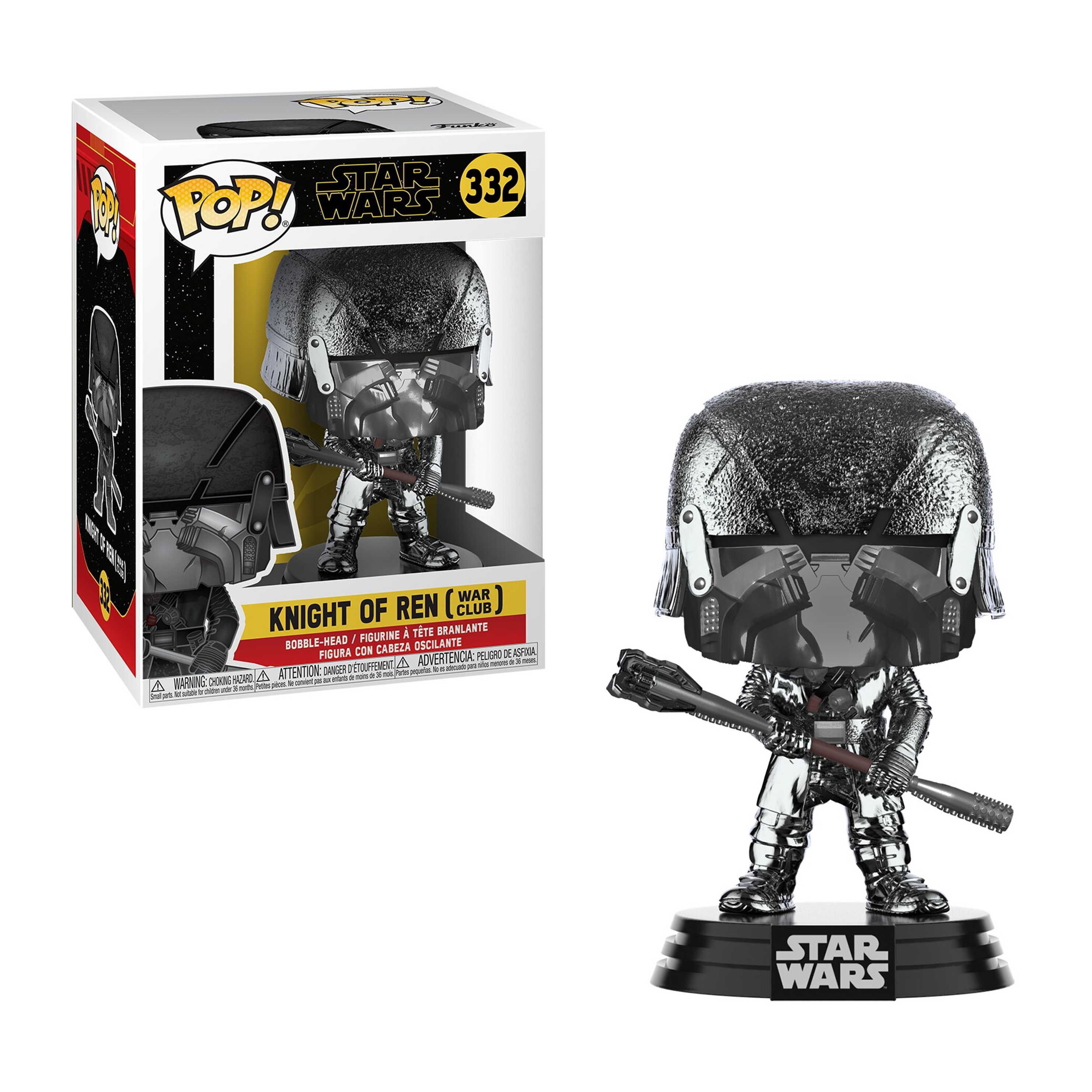 Knight of Ren Funko Pop-Figur mit Waffe, vor Star Wars Box.