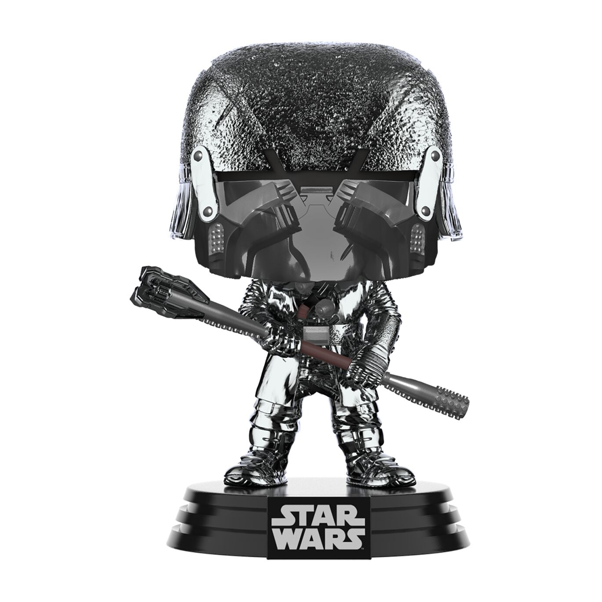 Chromähnliche Funko Pop Figur einer Star Wars Figur, die eine Waffe hält, auf schwarzem Ständer.