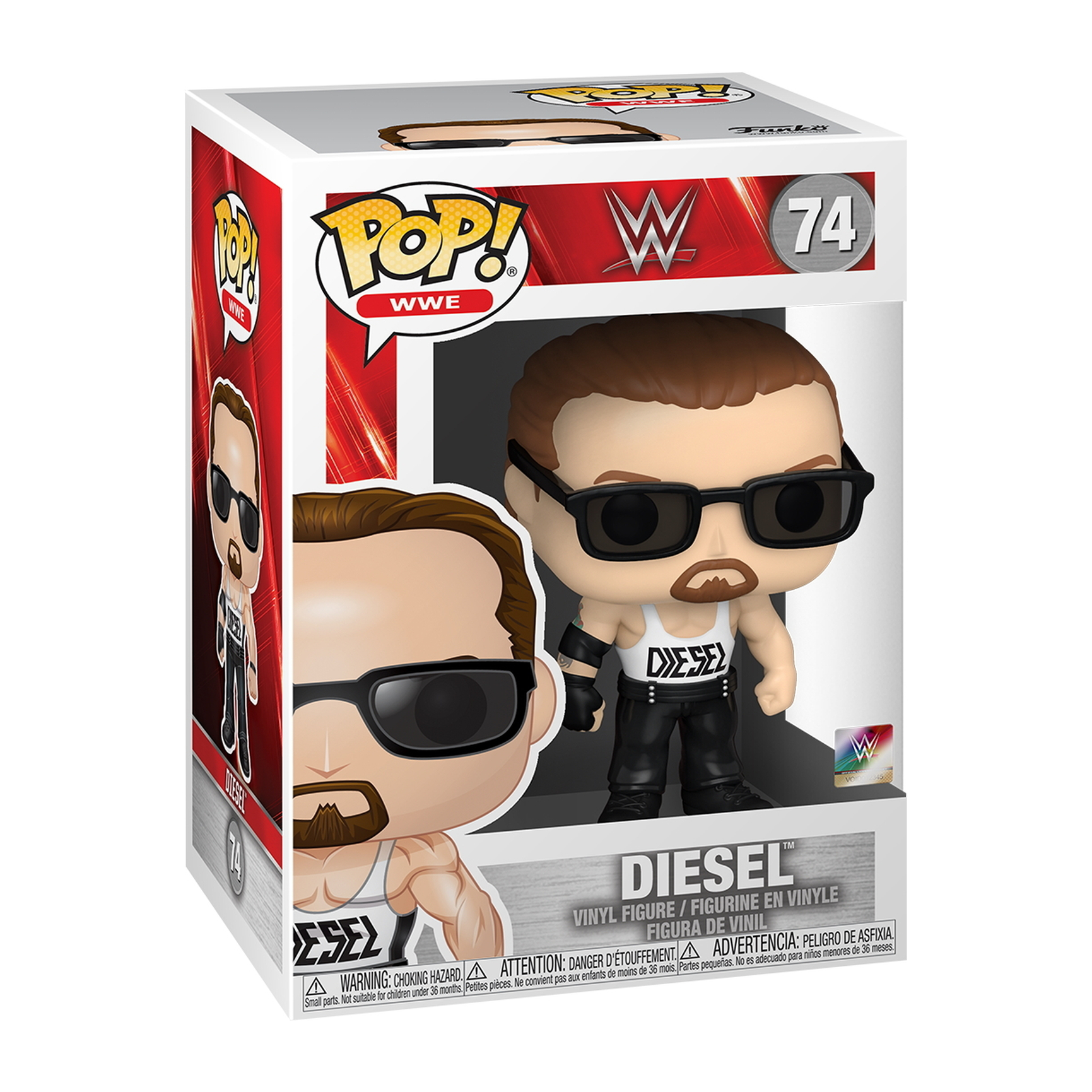 Diesel Pop-Figur in Box. Schwarze Brille, weißes Tanktop, schwarze Hose.
