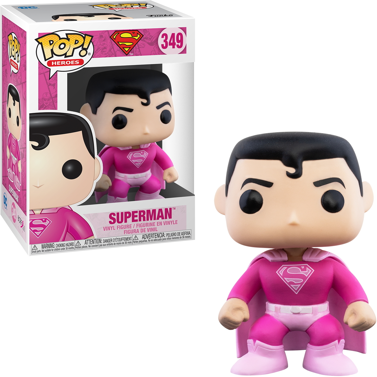Superman Funko Pop-Figur in rosa Outfit, Umhang und Stiefeln. Schwarzes Haar, Box im Hintergrund.