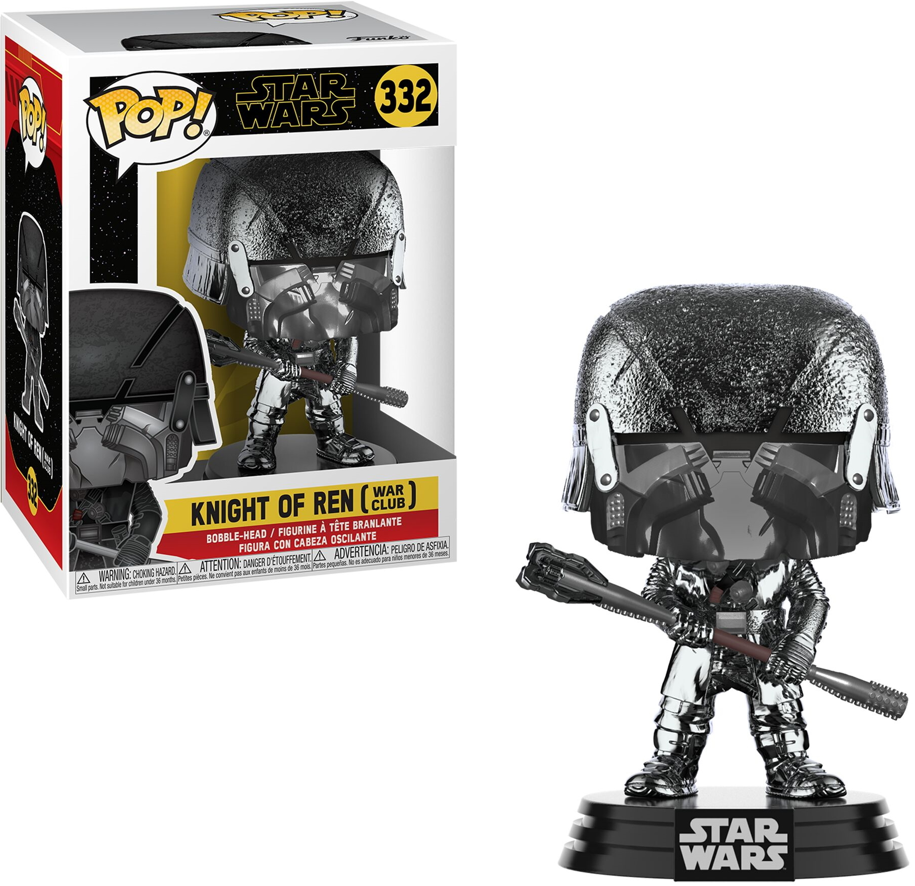 Knight of Ren Funko Pop Figur mit einer Keule auf einem schwarzen Ständer, mit einer Box im Hintergrund.
