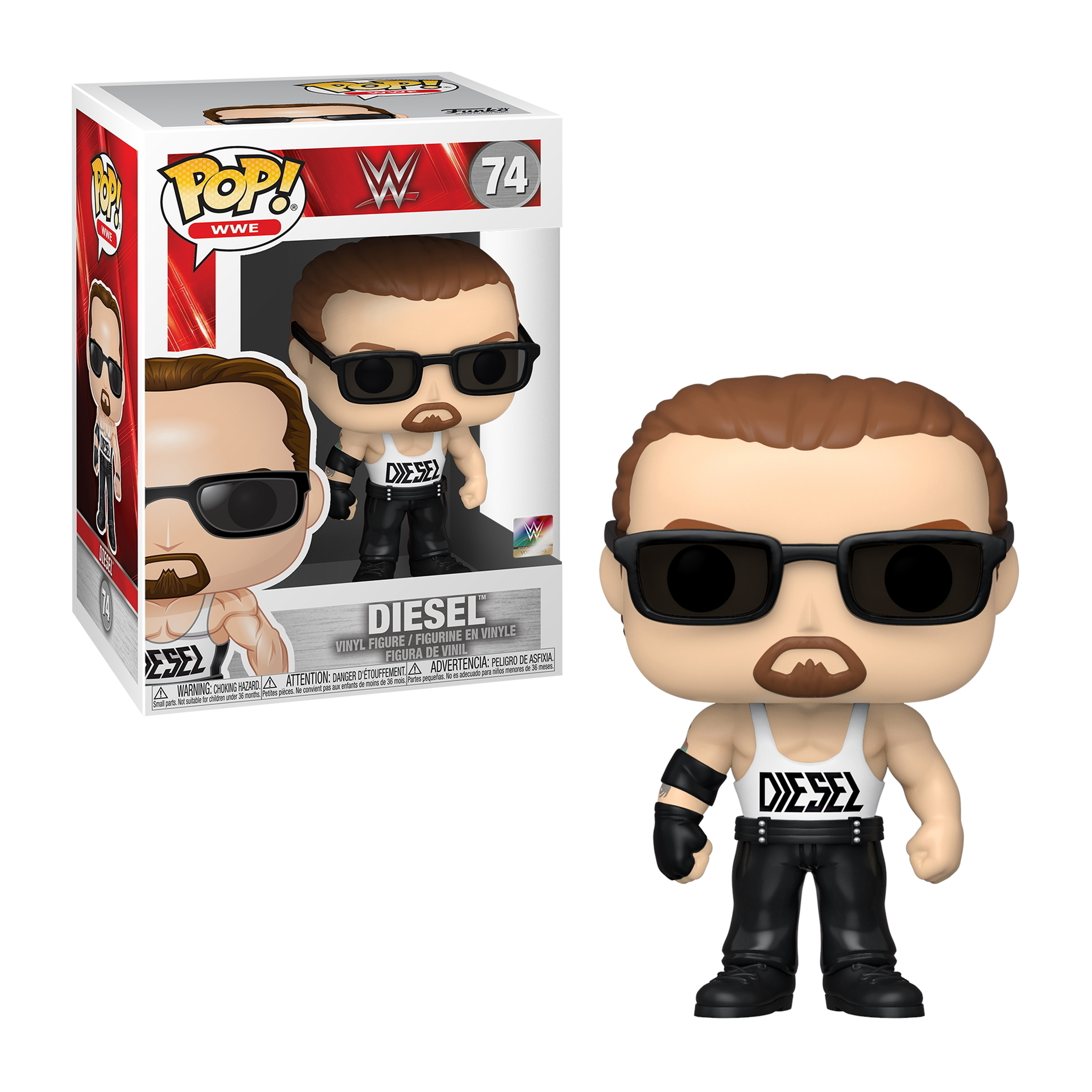 Diesel WWE Funko Pop-Figur mit Box, trägt eine Sonnenbrille und ein Tanktop, auf weißem Hintergrund.