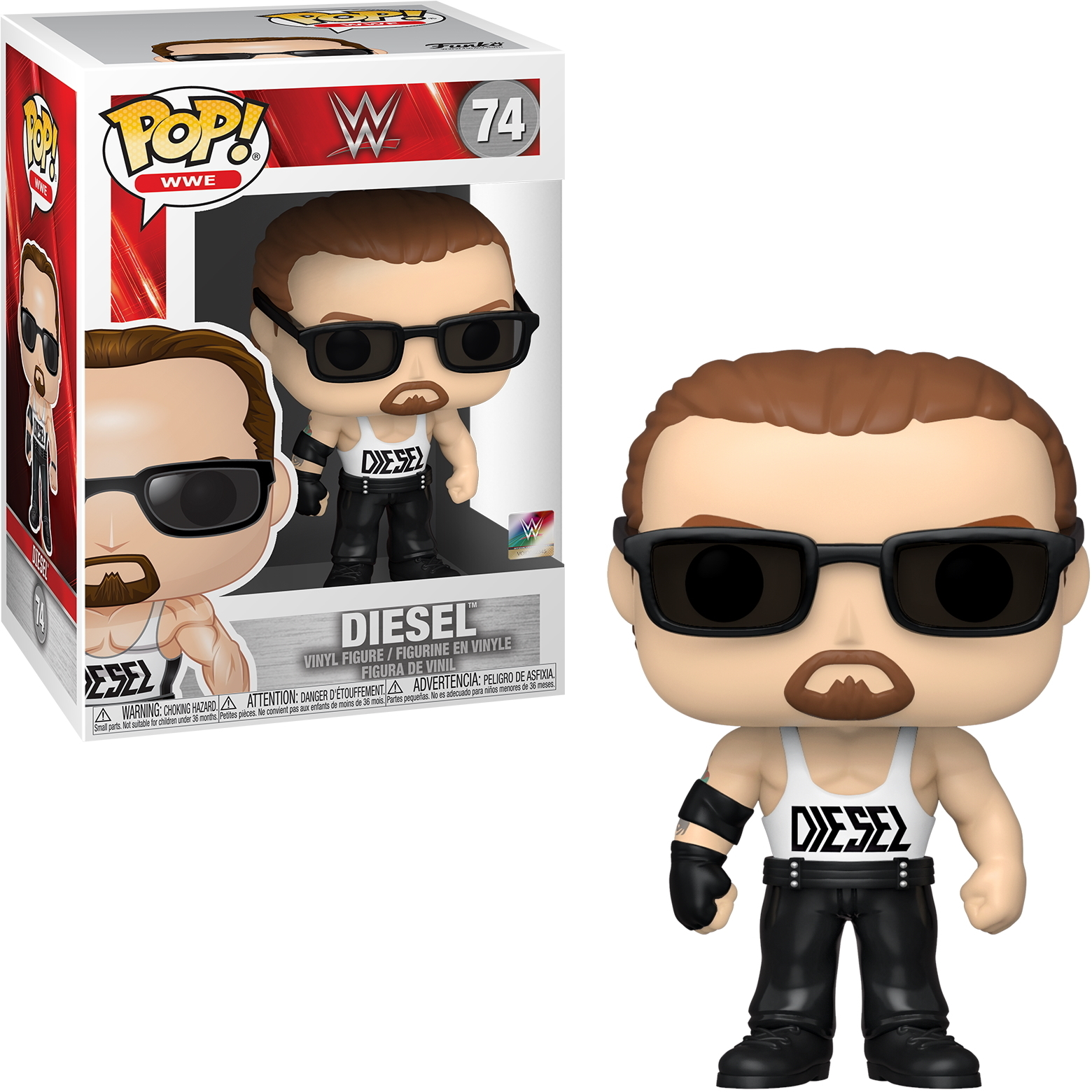 Funko Pop Figur von Diesel, einem WWE-Wrestler, in der Box. Er trägt Sonnenbrille und ein Tanktop mit Logo.