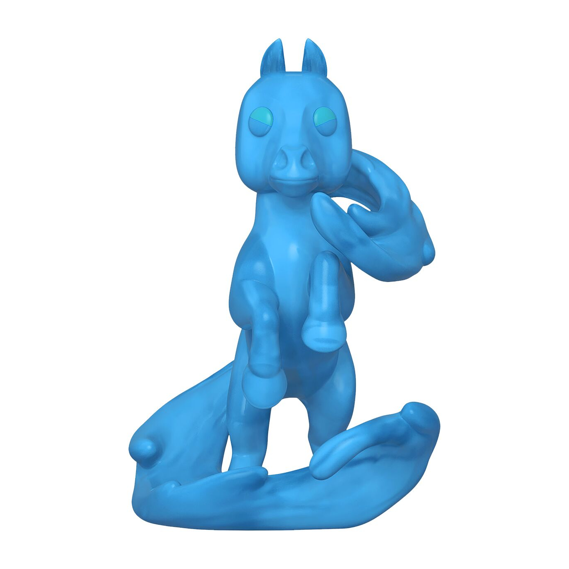 Statua di cavallo blu. Si erge sulle zampe posteriori con le zampe anteriori sollevate e una mano.