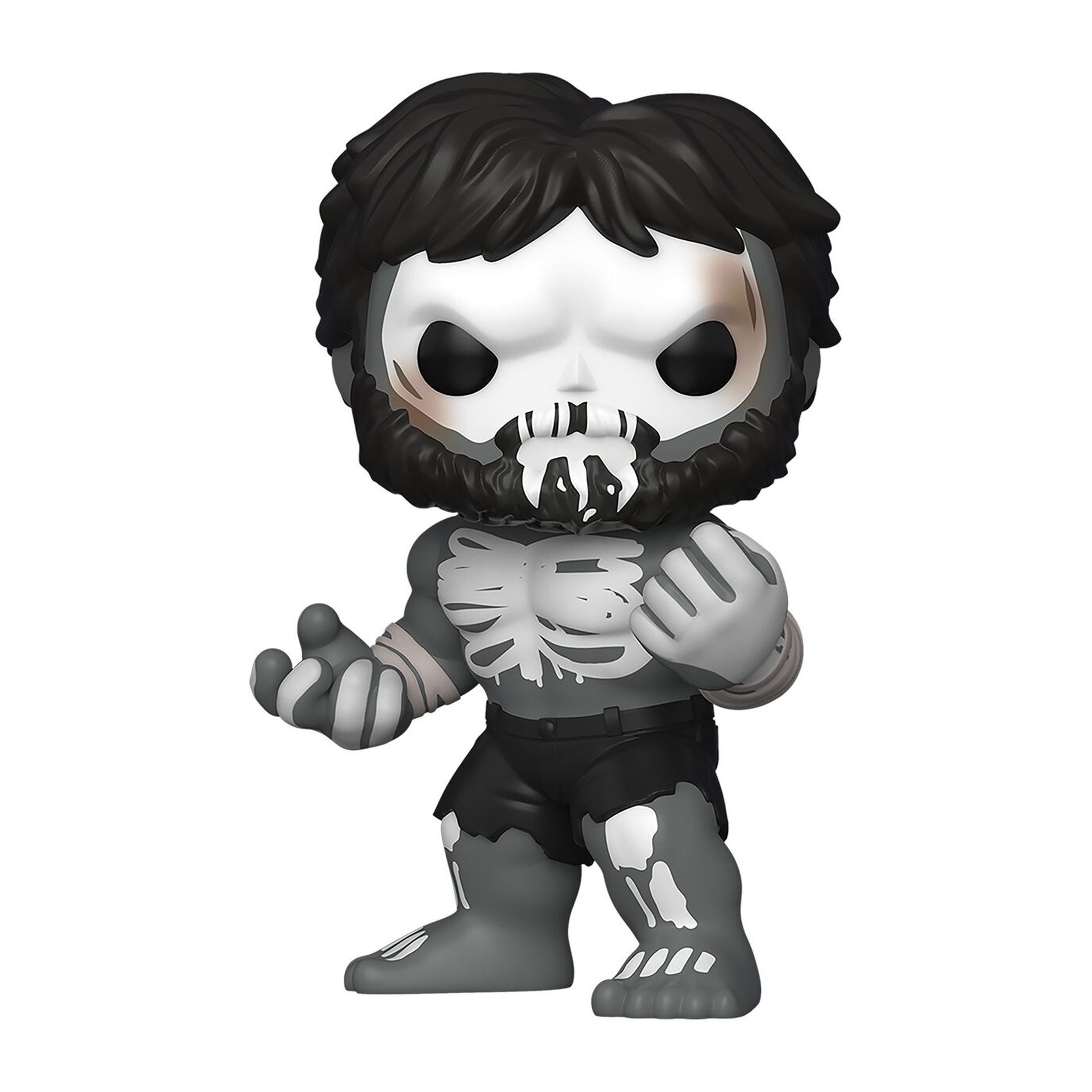 Figurka Funko Pop zombie z odsłoniętą klatką piersiową i białą twarzą, w odcieniach szarości i czerni.