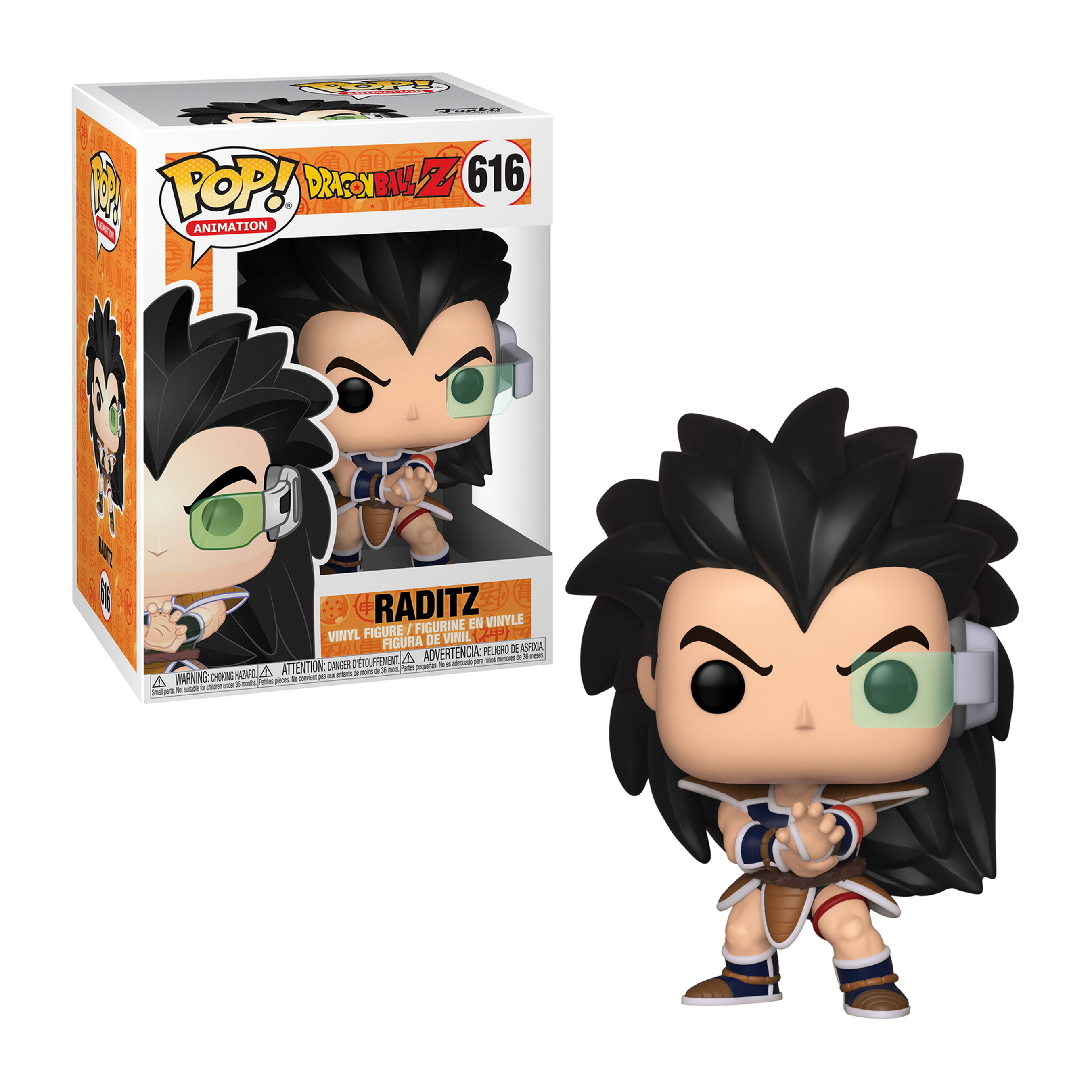 Raditz Funko Pop Figur und Box. Die Figur hat schwarze Haare und ein grünes Visier. Die Box ist orange und weiß.