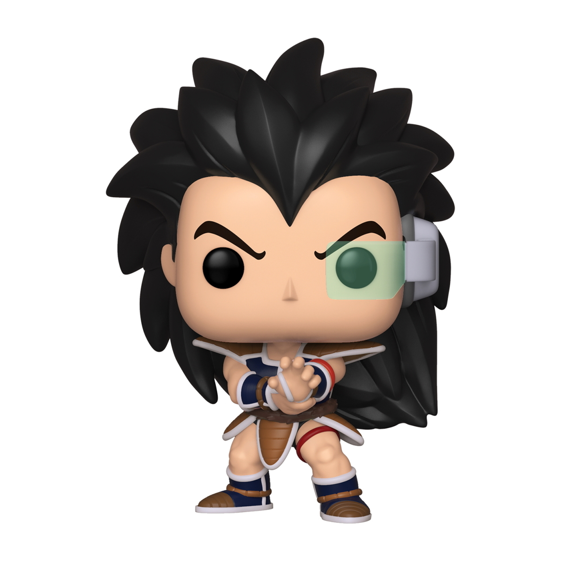 Raditz Funko Pop Figur mit stacheligem schwarzen Haar, grünem Visier und Kampfhaltung mit zusammengelegten Händen.