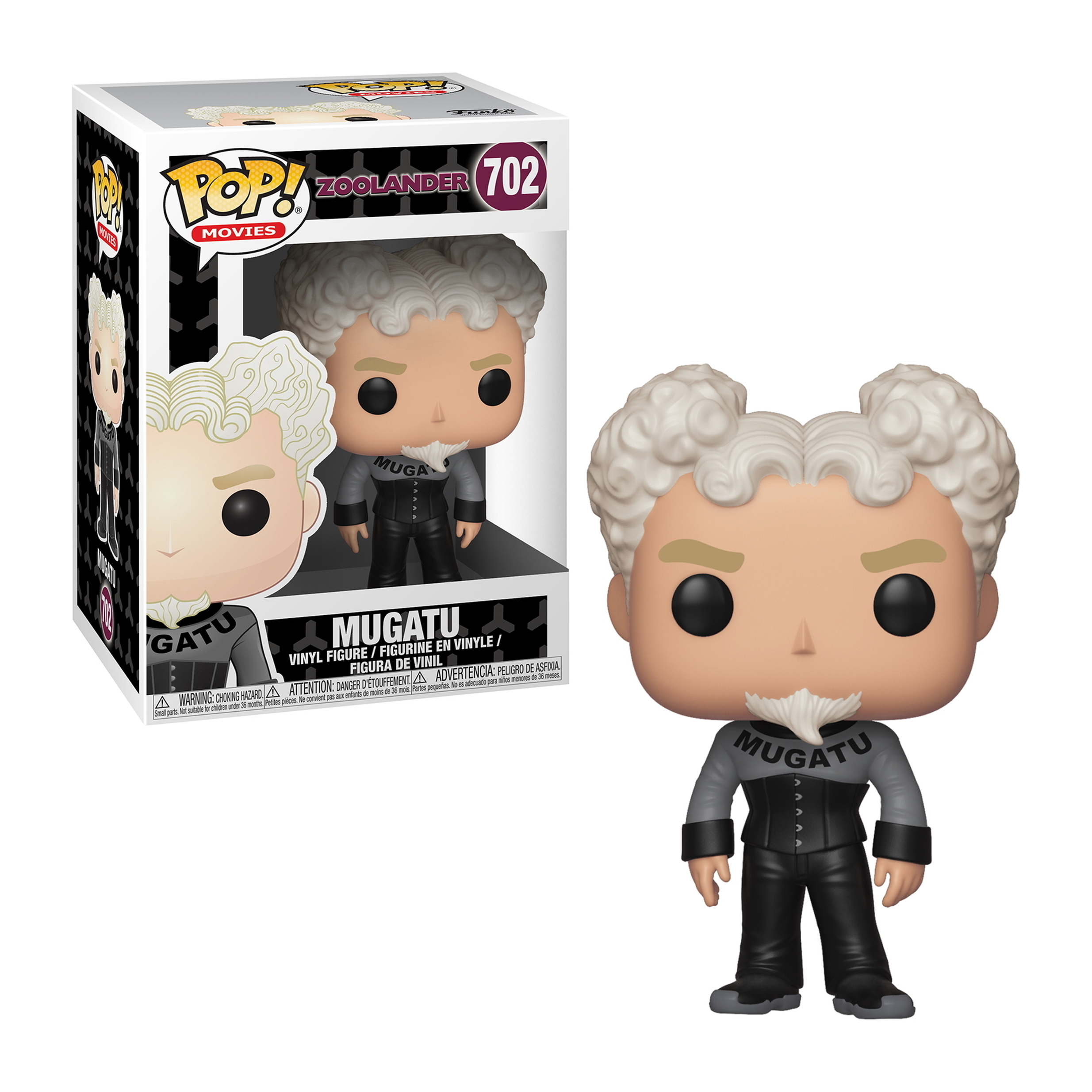 Figura di Mugatu con capelli bianchi e baffi, che indossa un abito grigio. Da Zoolander.