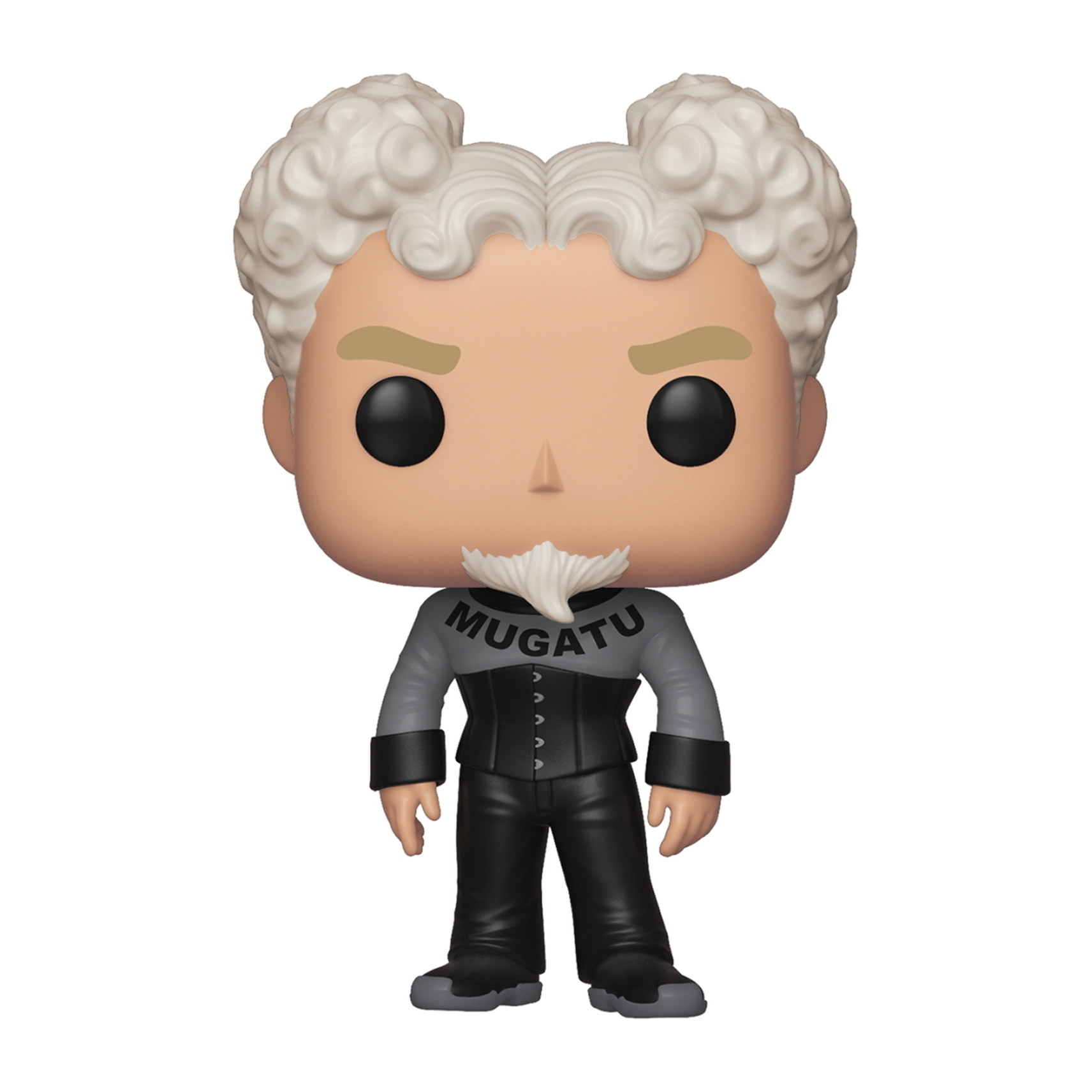 Figura Funko Pop di Mugatu, con capelli bianchi ricci e baffi, indossa un completo grigio e nero.