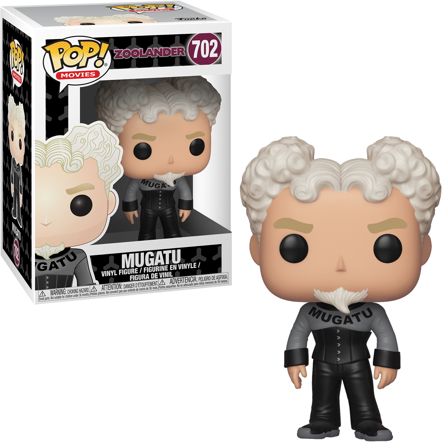 Una figura Funko Pop di Mugatu da Zoolander, con una scatola a sinistra.