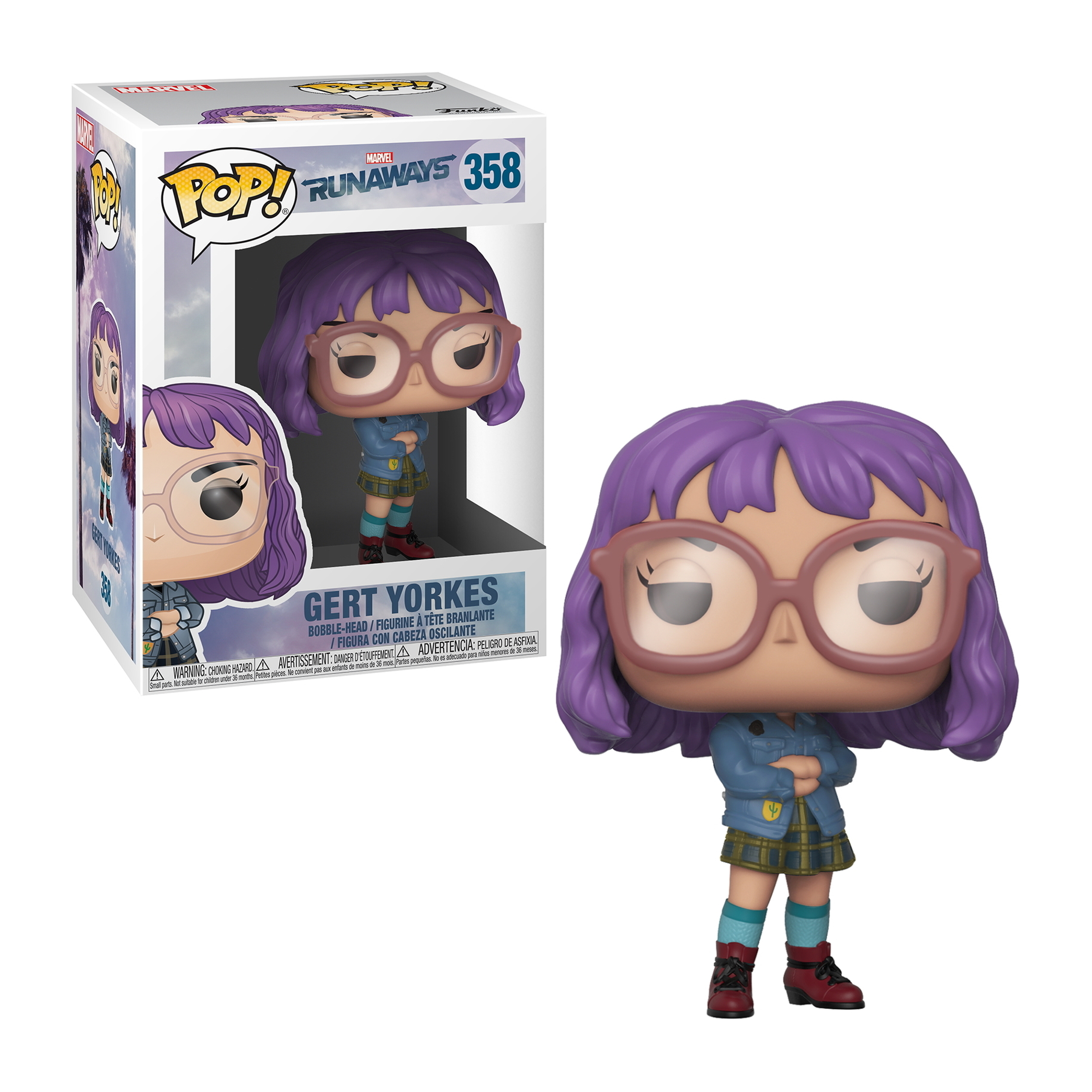 Figura Gert Yorkes Funko Pop in scatola. Capelli viola, occhiali, giacca blu, gonna a scacchi.
