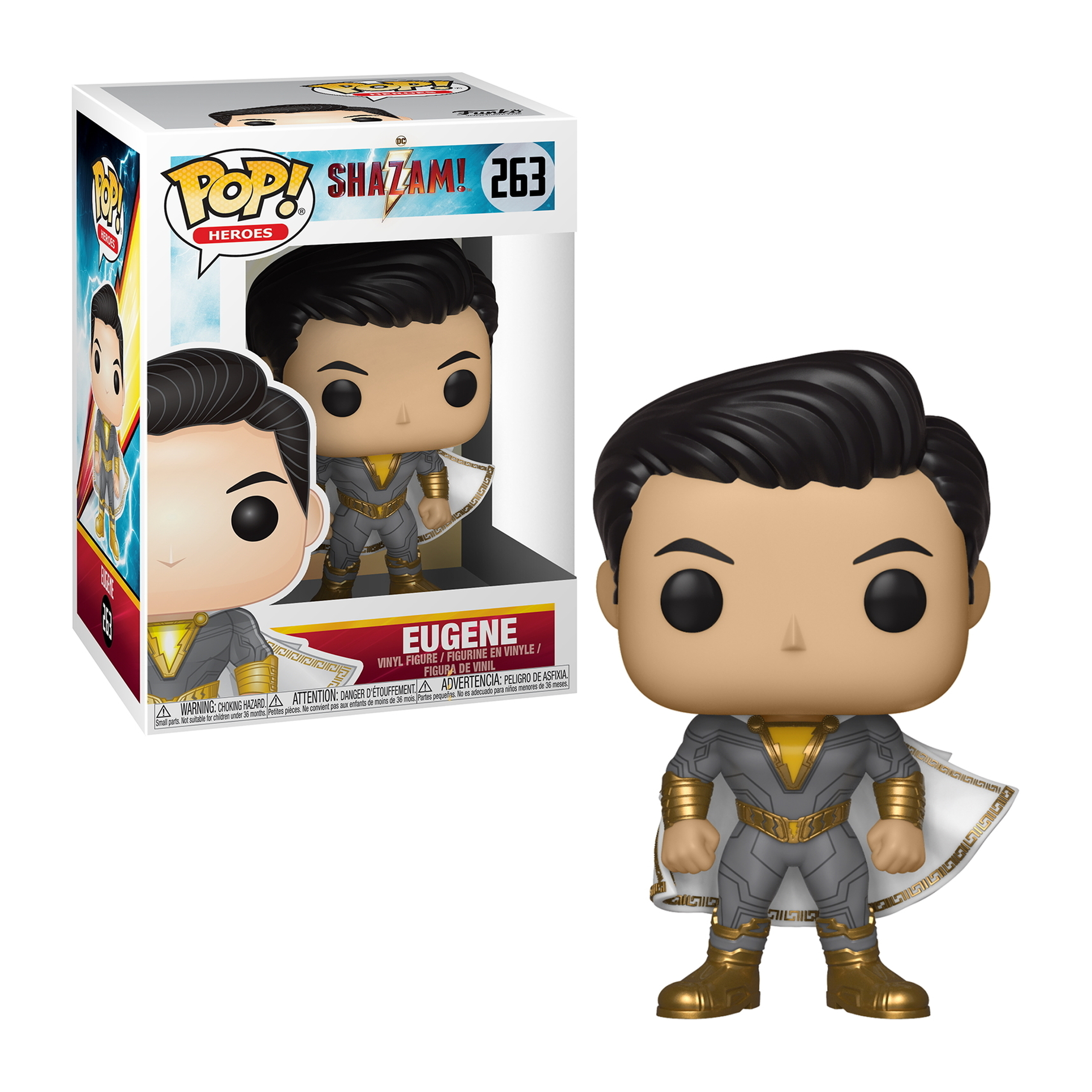 Funko Pop mężczyzny w złotym i szarym garniturze, z peleryną i czarnymi włosami.