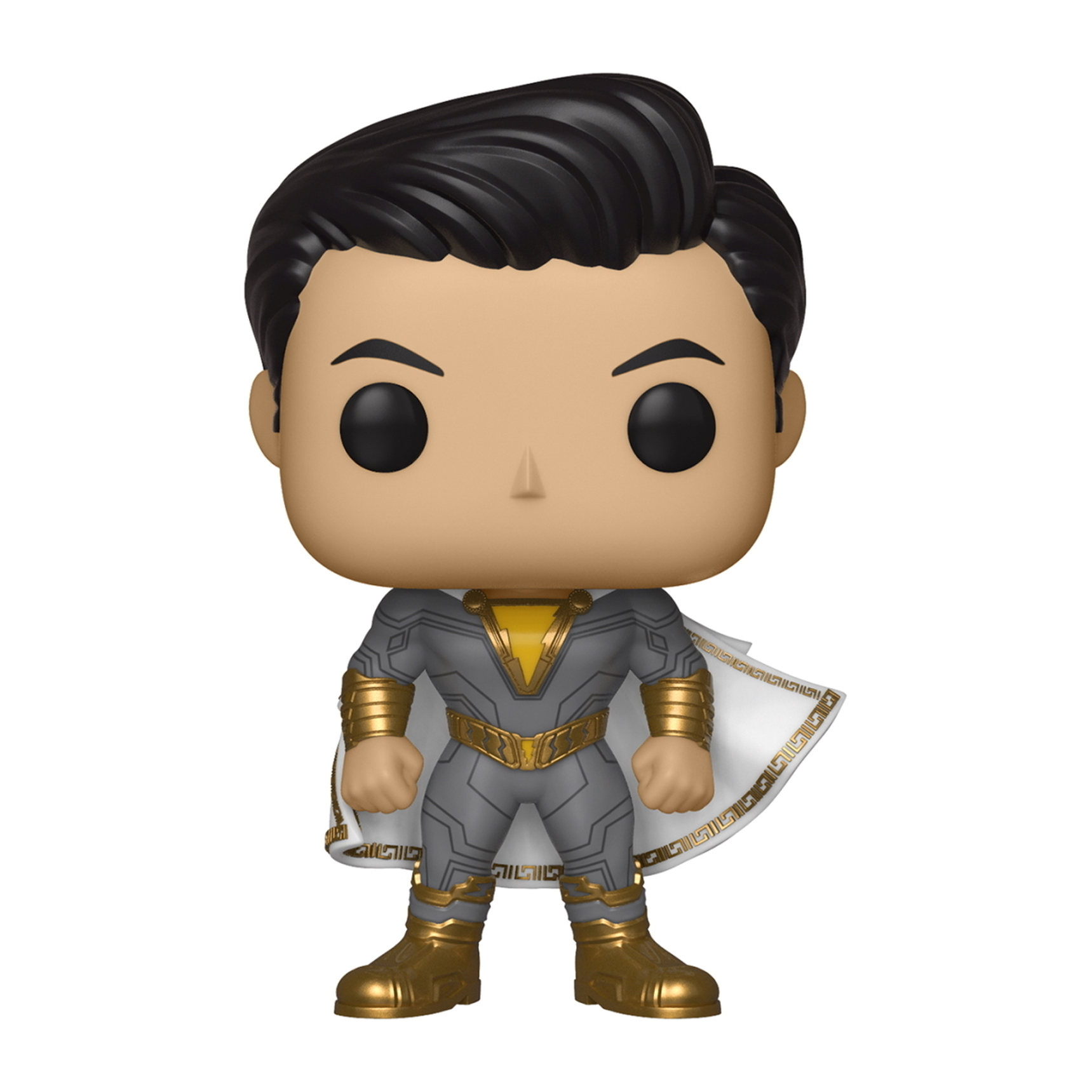 Figurka Funko Pop Shazama w szarej i złotej zbroi, pelerynie i czarnym stroju.