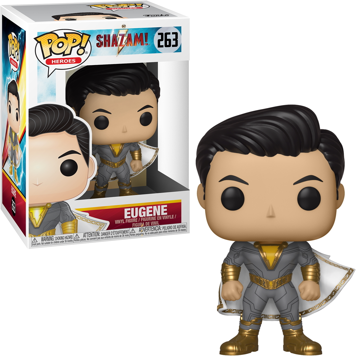 Figurka Funko Pop Eugene Shazam. Ubrany w szary garnitur ze złotymi akcentami, czarne włosy i pelerynę.