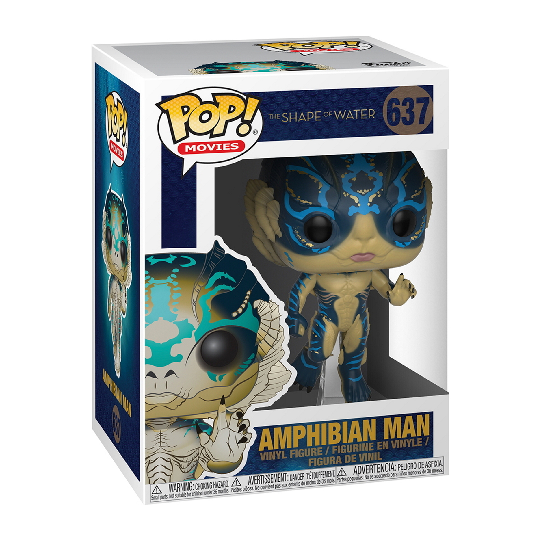 Figurka Amphibian Man z The Shape of Water w pudełku. Figurka jest niebieska i żółta.