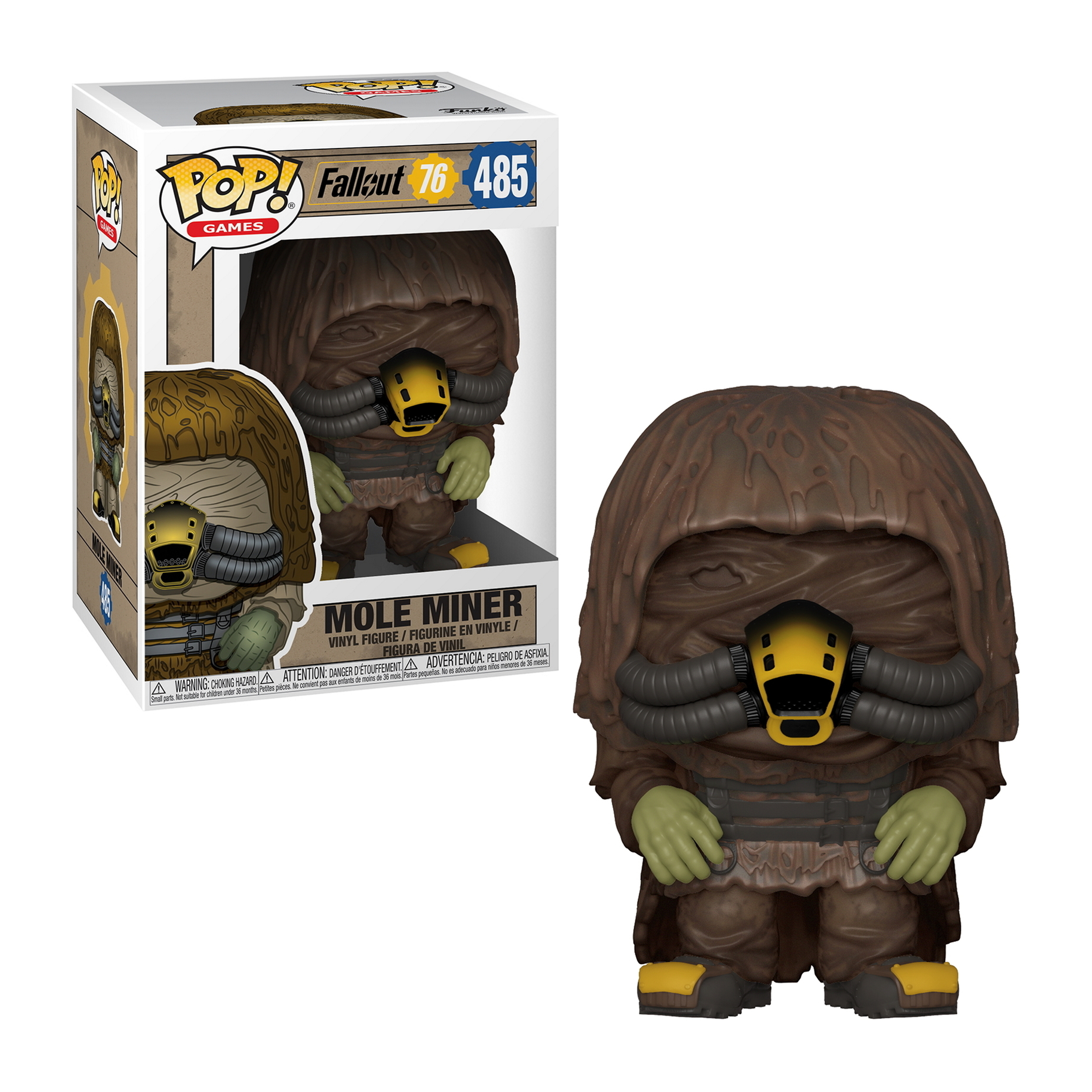 Funko Pop! Maulwurf-Minenarbeiter aus Fallout 76. Die Figur ist in einer Box, zusätzlich gezeigt.