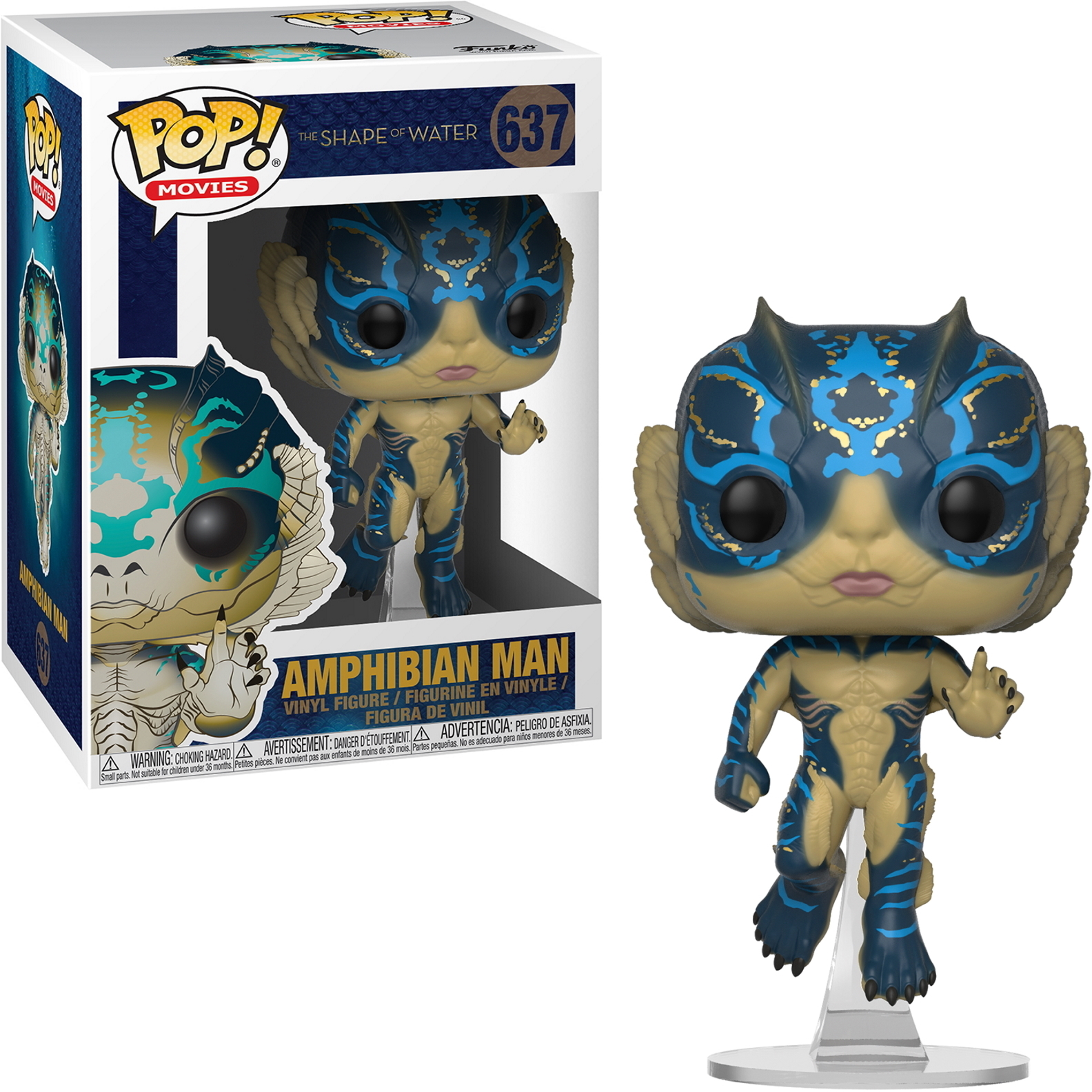 Figurka Amphibian Man z The Shape of Water Pop!, ze złotymi i niebieskimi detalami, na stojaku.