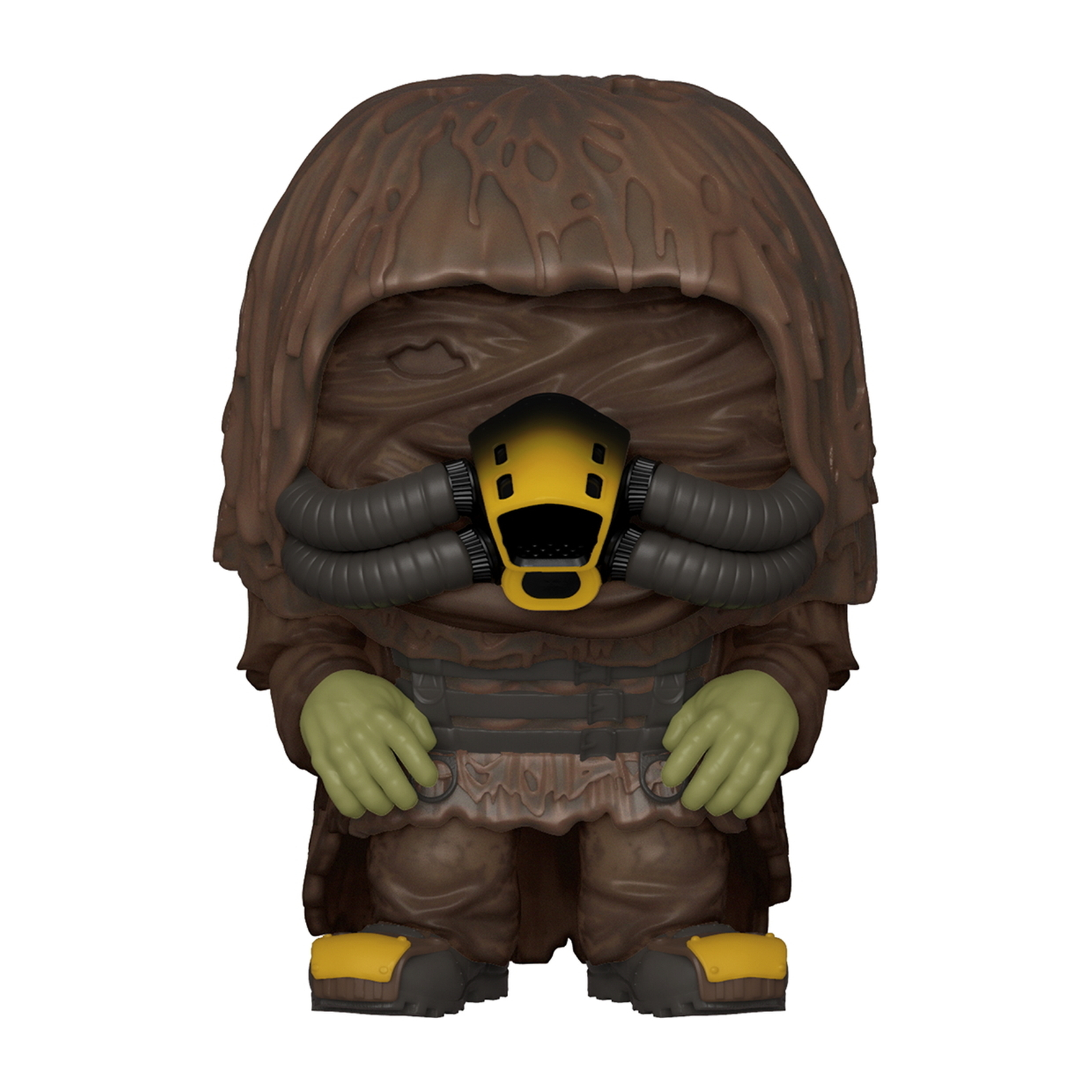 Eine Funko Pop Figur einer Figur in einem Ghillie-Anzug, mit Maske und Atemschutzgerät. Auch eine Box.