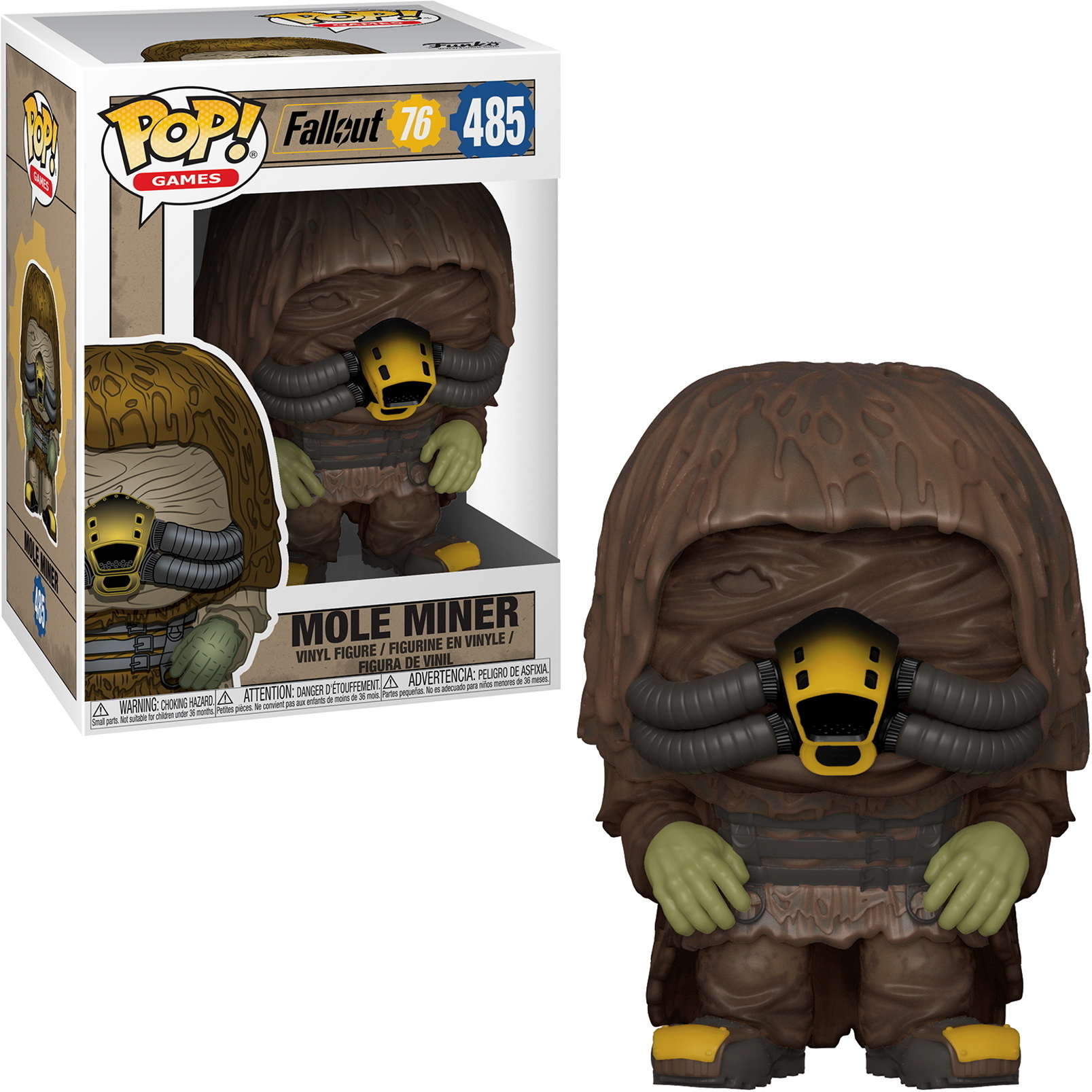 Mole Miner Figur. Es trägt ein braunes Outfit mit gelber Maske und brauner Kapuze.