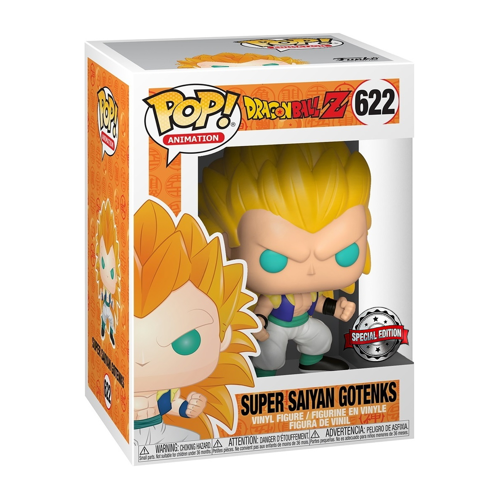 Super Saiyan Gotenks Funko Pop Figur in der Box. Blonde Haare, blau-weißes Outfit. Box hat Anime-Logo und Namen.