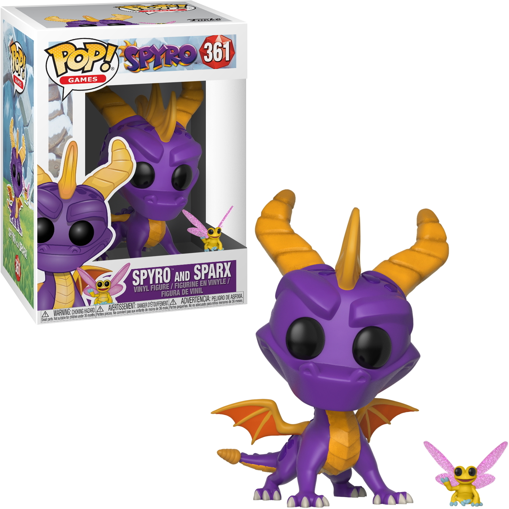 Spyro und Sparx Funko Pop mit Box. Zeigt lila Drachen und gelbe Libellenfiguren.