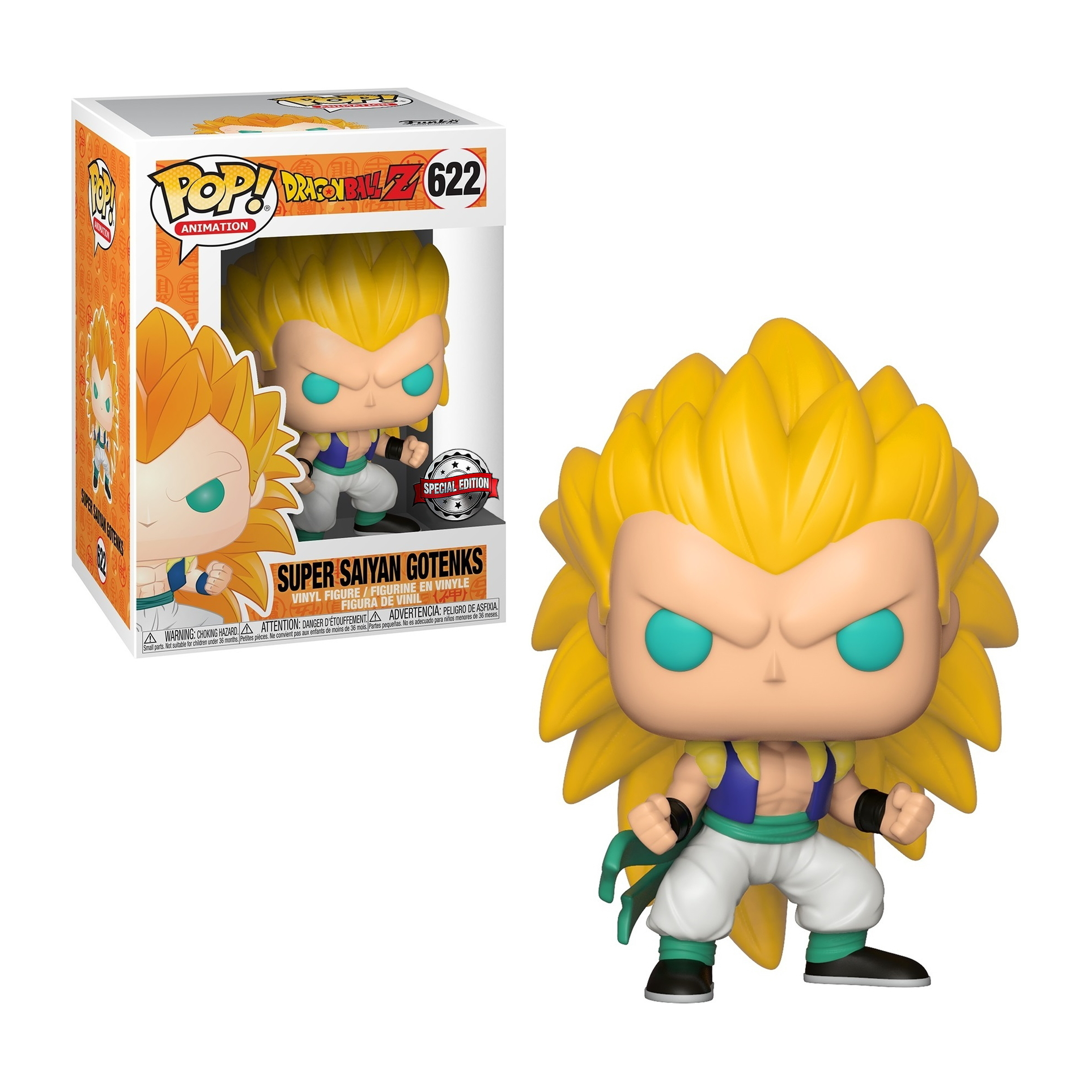 Super Saiyan Gotenks Funko Pop Figur mit stacheligem gelbem Haar und einem grün-blauen Anzug. Er posiert.