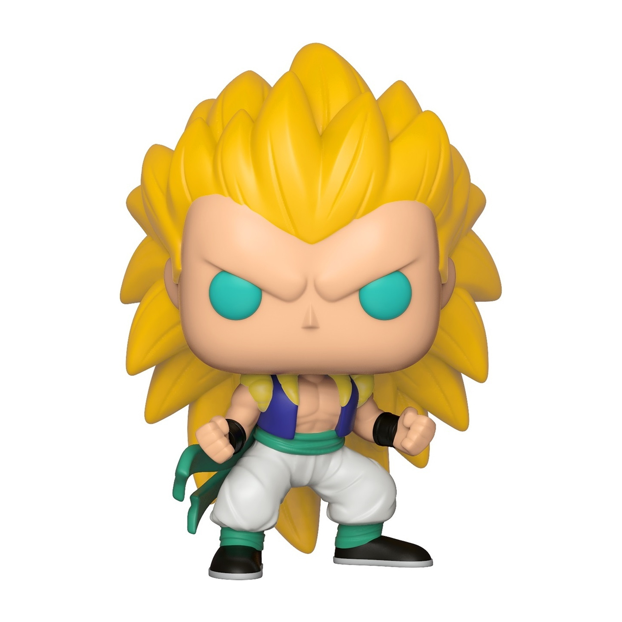 Gogeta Figur. Gelbe Haare, blau-grünes Outfit, und ein strenger Gesichtsausdruck.