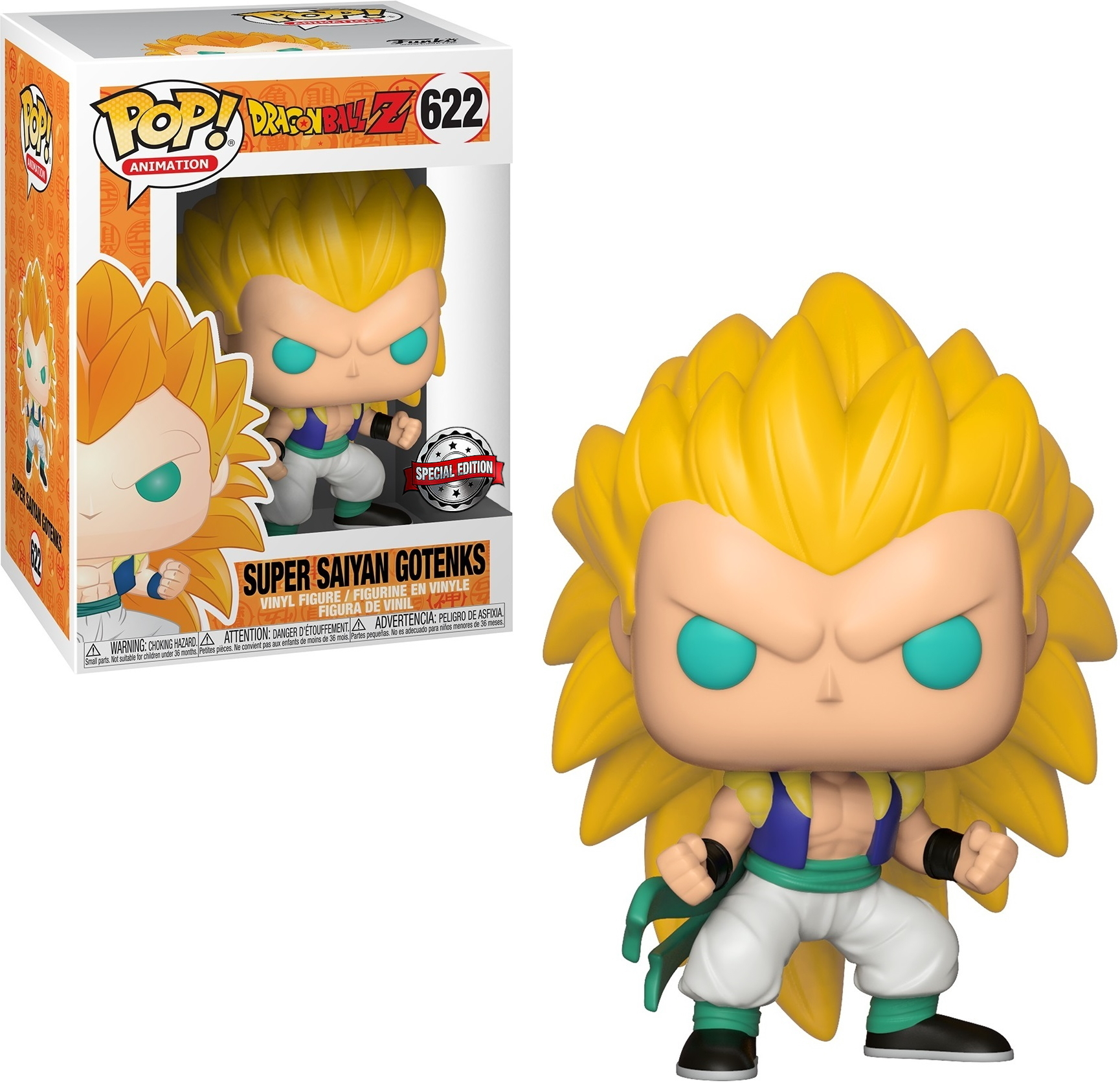 Super Saiyan Gotenks Funko Pop Figur mit gelben Haaren, mit Box.