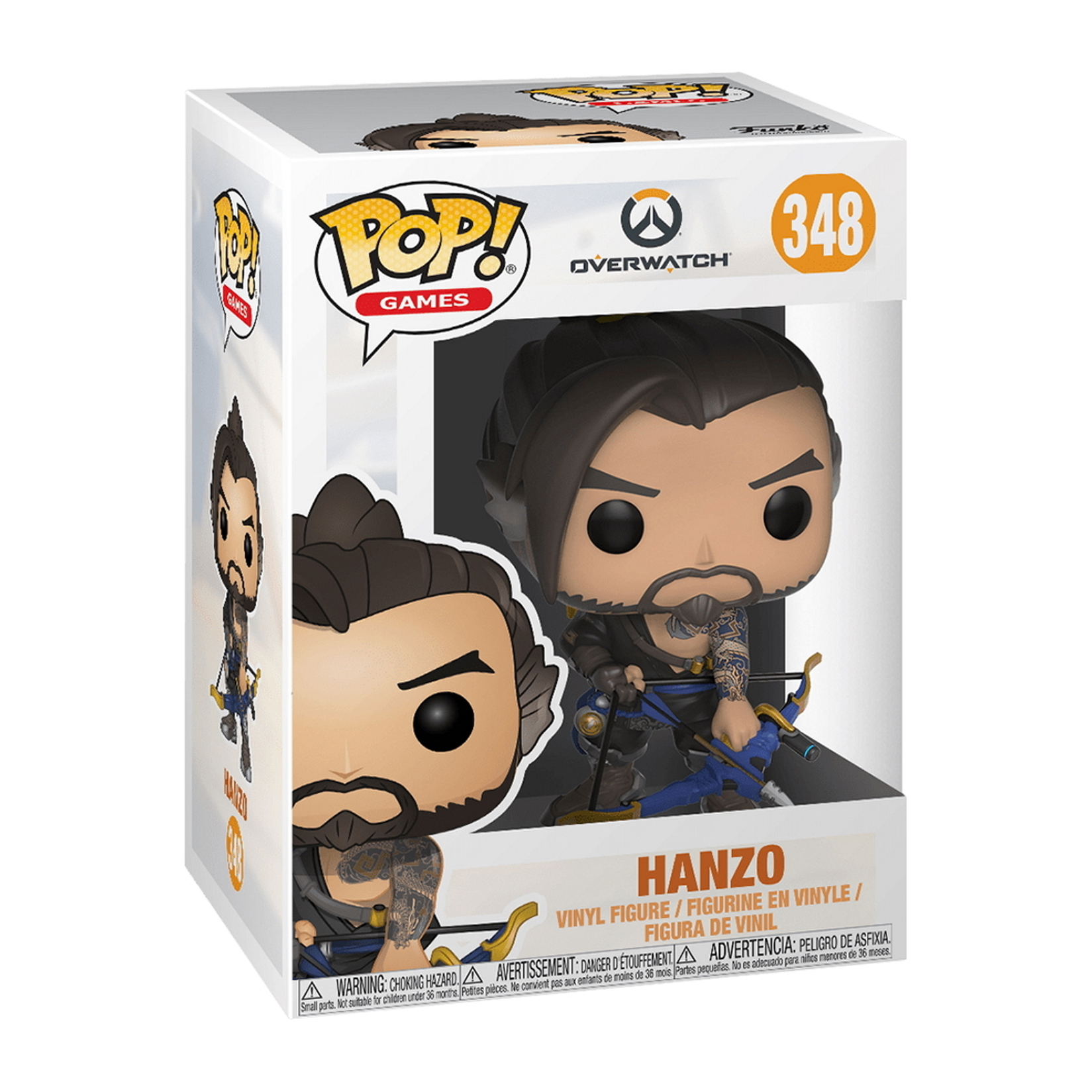 Figura di Hanzo in scatola. Figura con barba e tatuaggi, che tiene un arco.