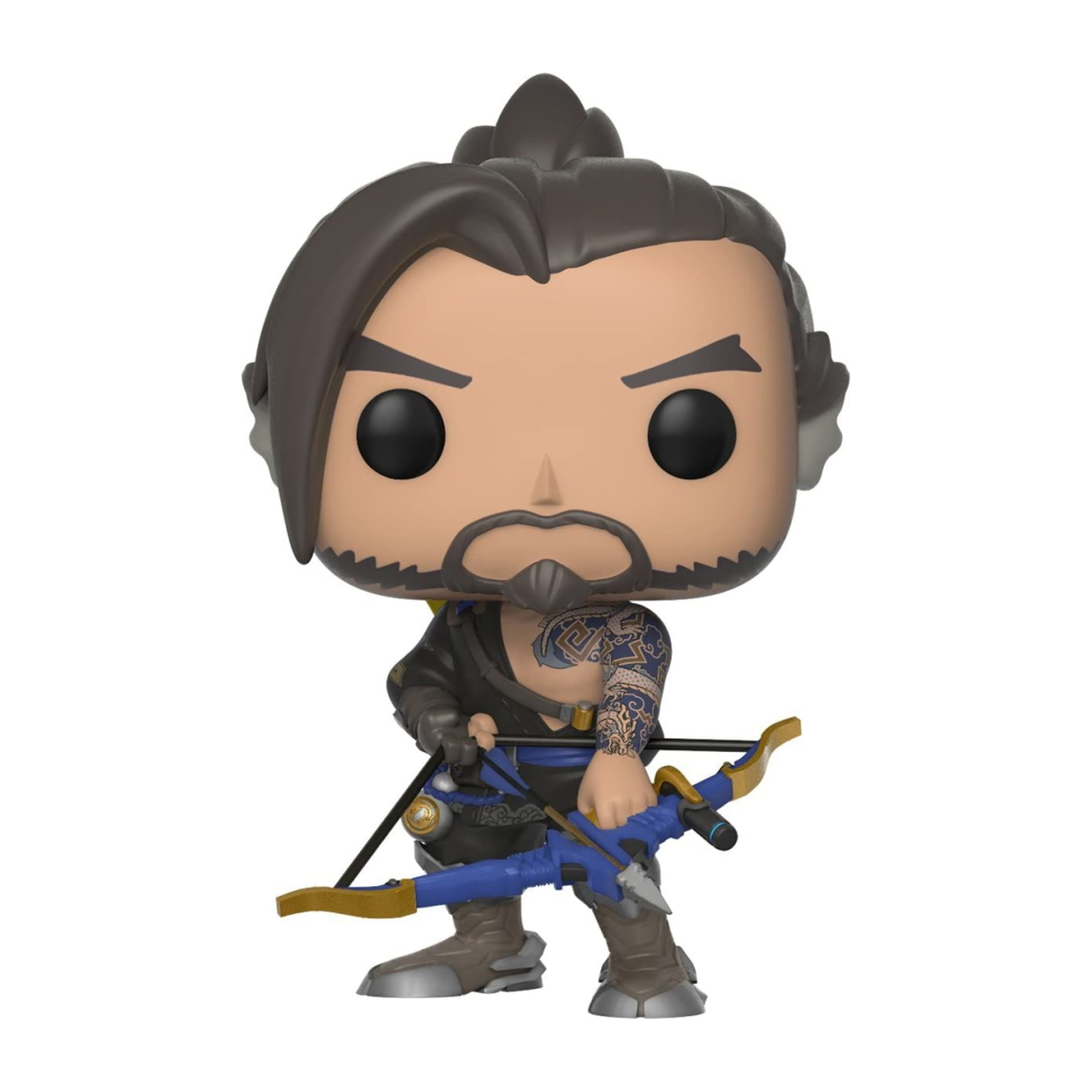 Una figura Funko Pop di Hanzo di Overwatch. Sta tenendo un arco e una freccia. Lo sfondo è bianco.
