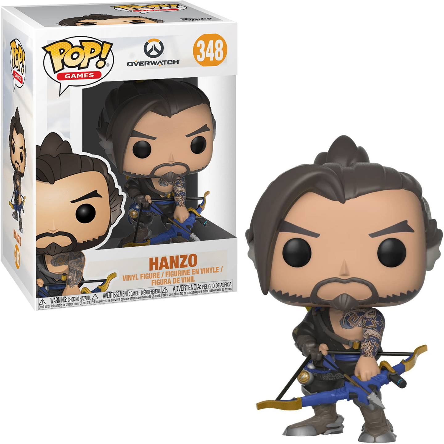 Figura di Hanzo con capelli castani, arco blu e tatuaggi. Scatola mostra la figura.