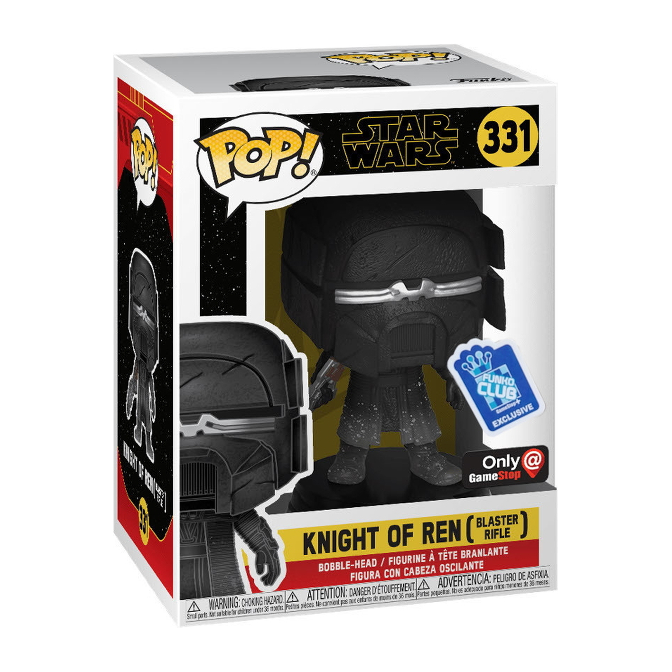 Knight of Ren Funko Pop in Box. Schwarze Figur mit Helm, hält ein Gewehr. Hintergrund: Star Wars Logo.