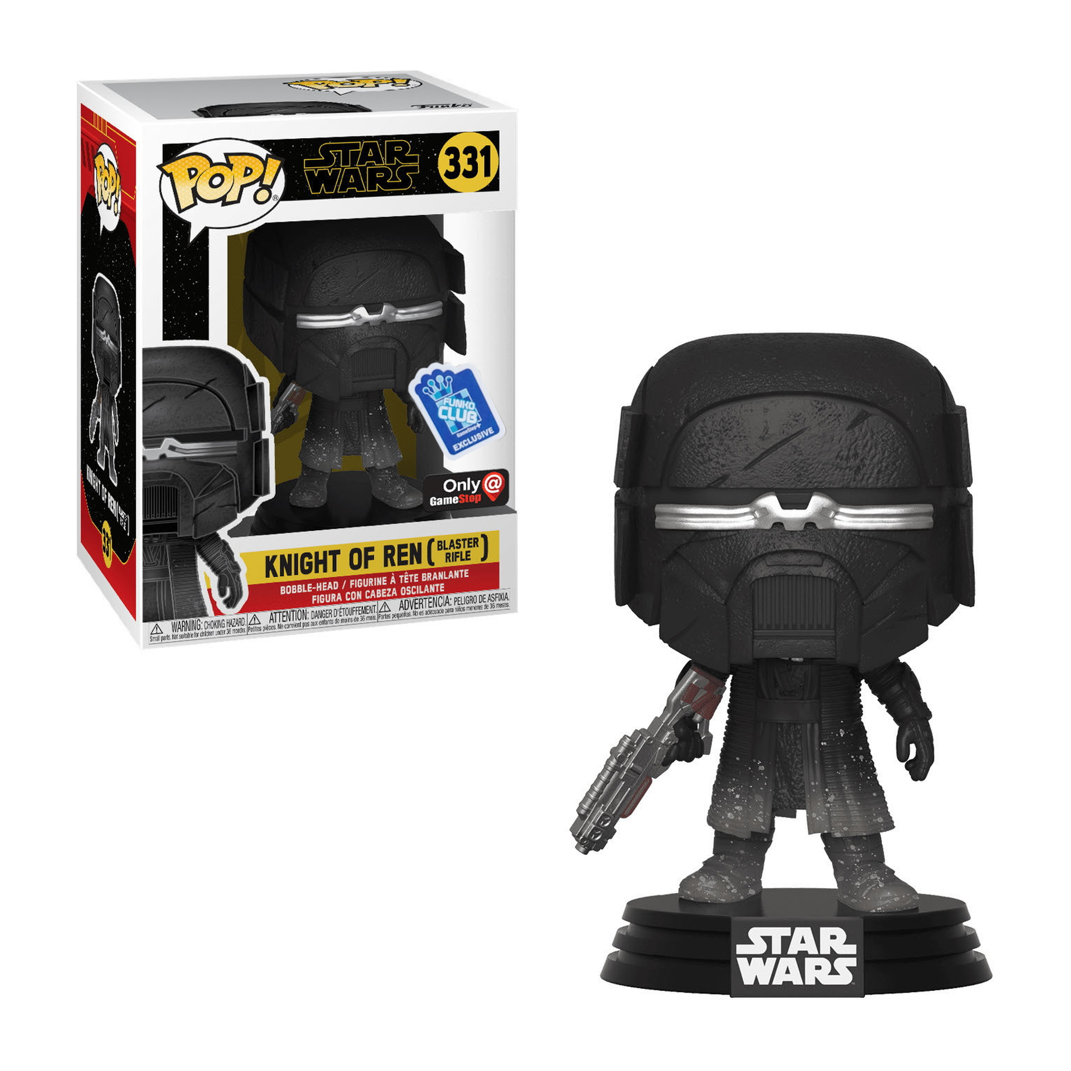 Eine schwarze Knight of Ren Funko Pop Figur mit Blaster und schwarzer Basis.
