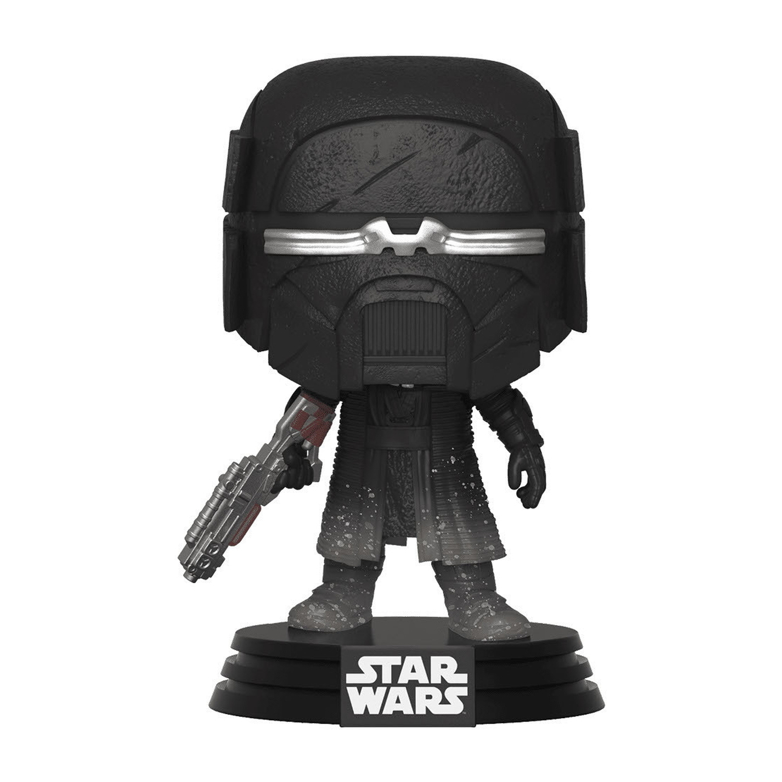 Eine Star Wars-Figur mit schwarzem Helm mit der Nummer 99, die eine Waffe hält, auf schwarzem Sockel.