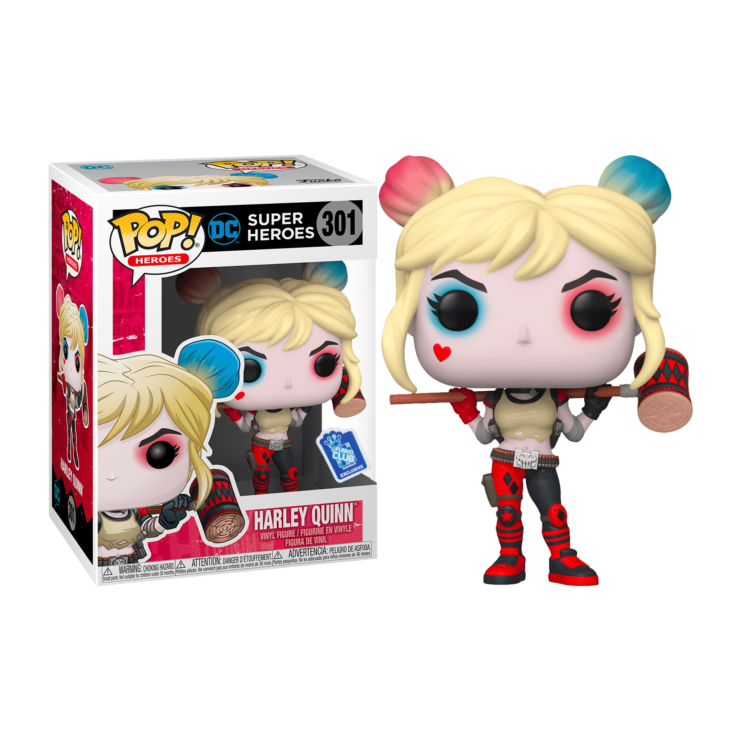 Harley Quinn Funko Pop Figur mit Box. Zeigt Charakter mit Hammer und Zöpfen.