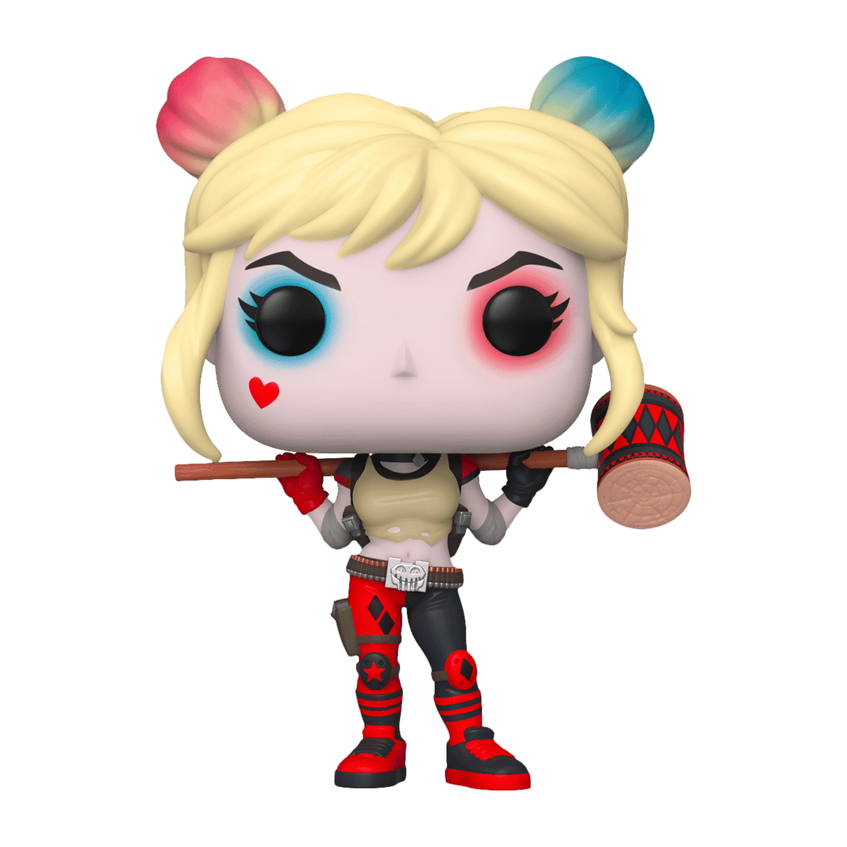 Harley Quinn Funko Pop Figur mit ihrem Schlägel und Zöpfen. Sie trägt ein Kostüm.