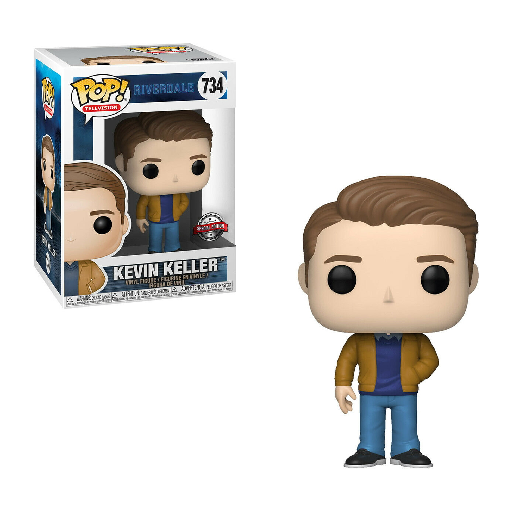 Kevin Keller Funko Pop Figur und Box. Er trägt eine gelbe Jacke, ein blaues Hemd und Jeans.