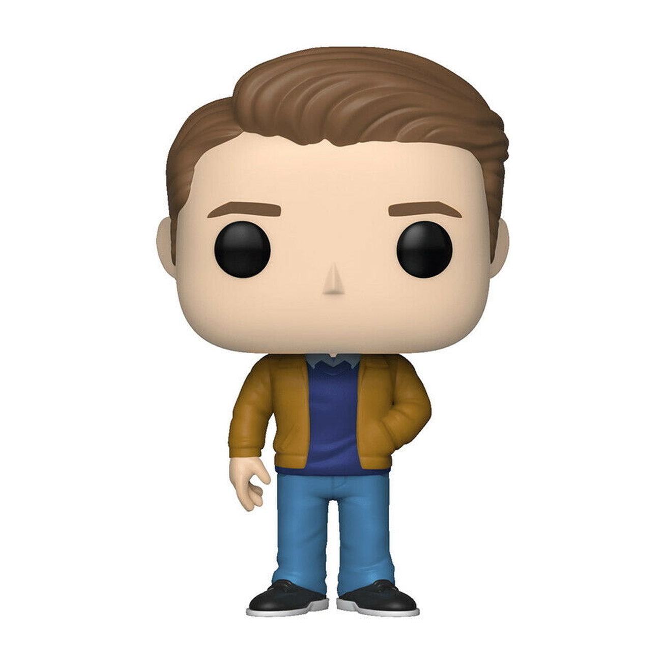 Chandler Bing Funko Pop Figur. Er trägt eine gelbe Jacke, ein blaues Hemd und blaue Jeans.